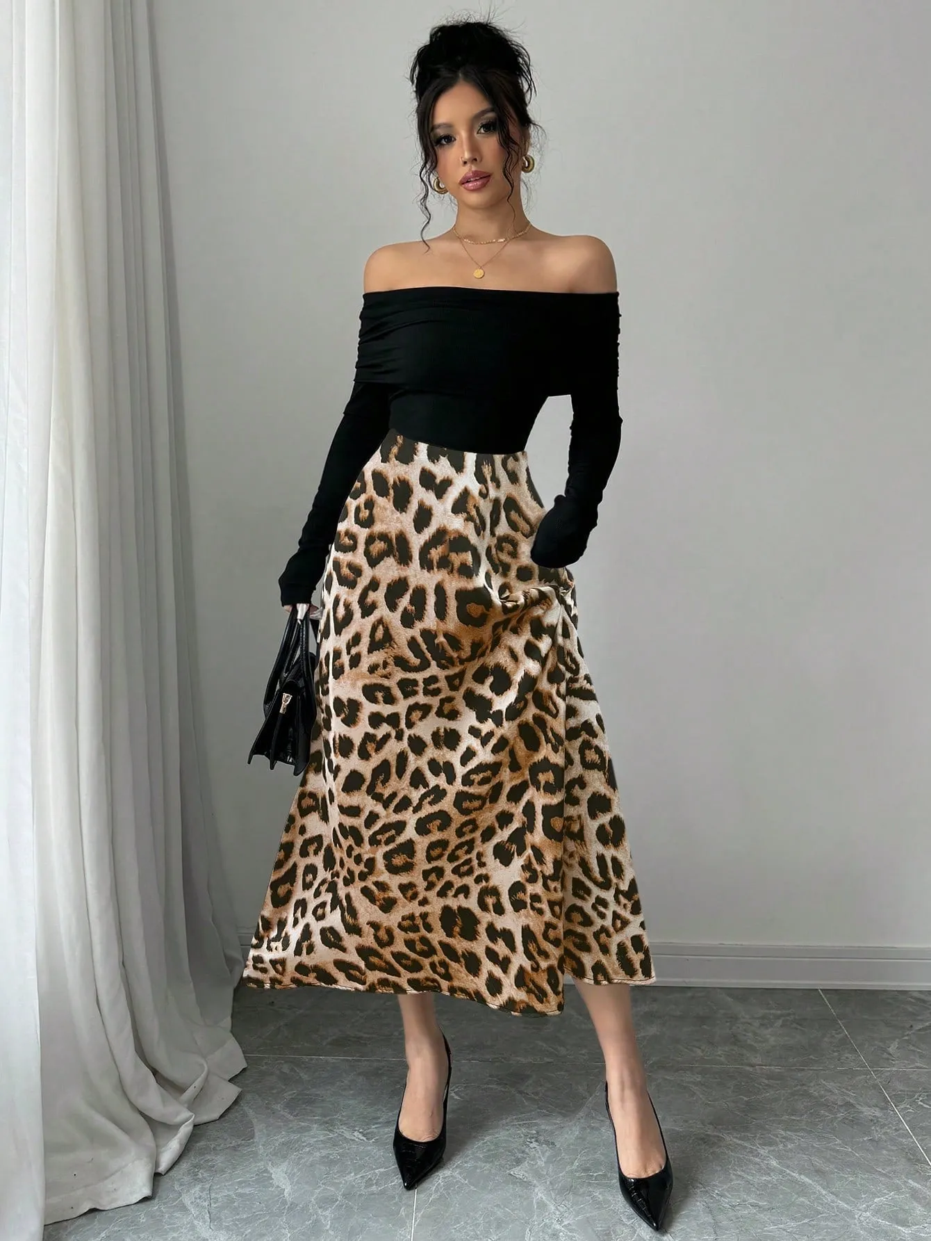 Elegant Knitted Off Shoulder Ribbed Top   Women Graceful Casual Versatile Leopard Print Satin Skirt