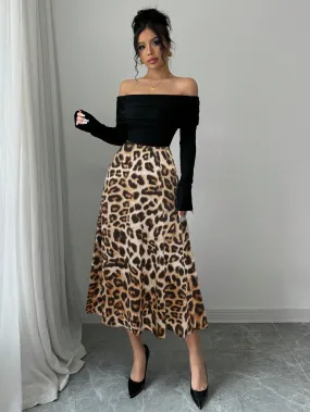 Elegant Knitted Off Shoulder Ribbed Top   Women Graceful Casual Versatile Leopard Print Satin Skirt