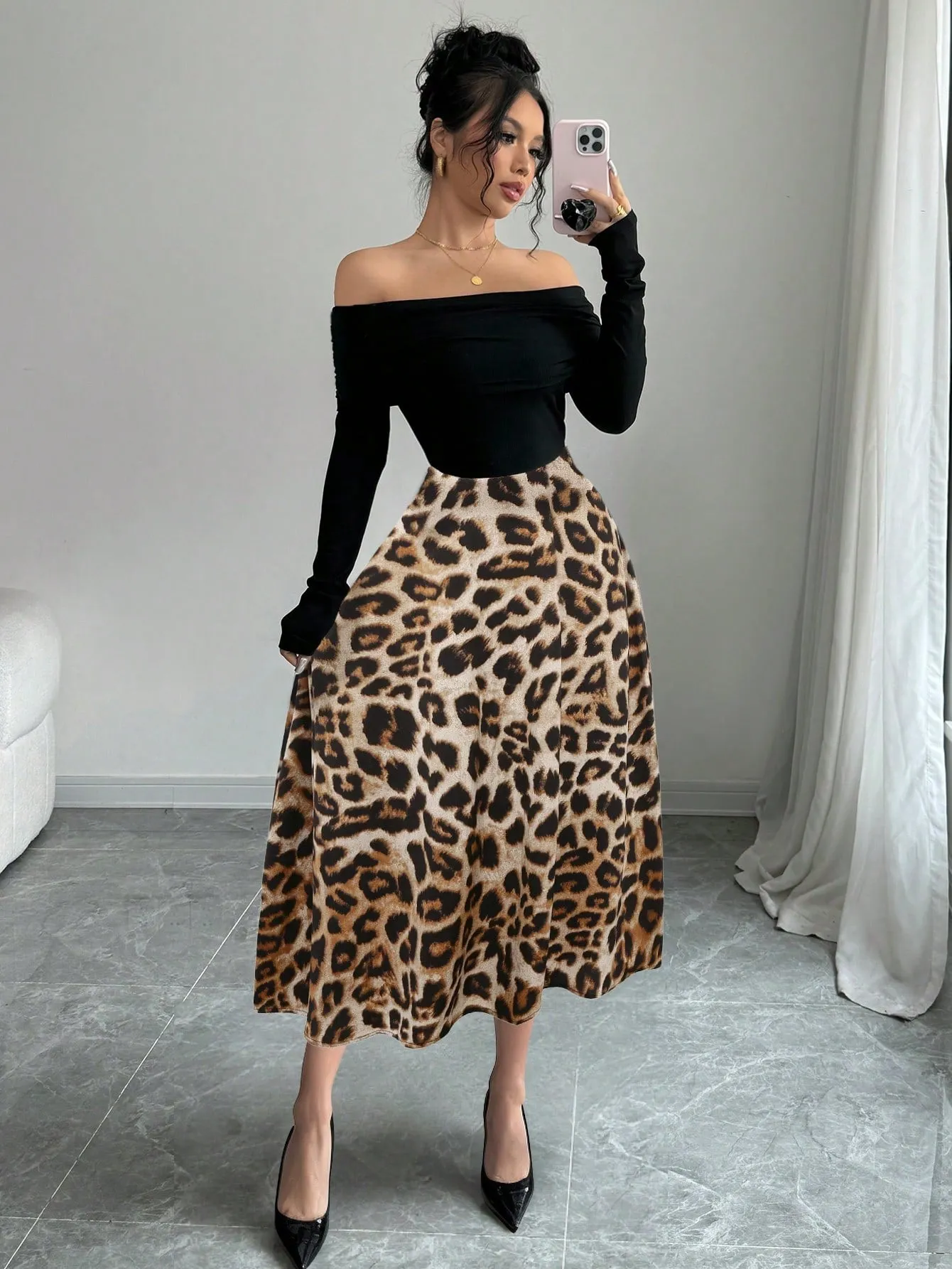 Elegant Knitted Off Shoulder Ribbed Top   Women Graceful Casual Versatile Leopard Print Satin Skirt