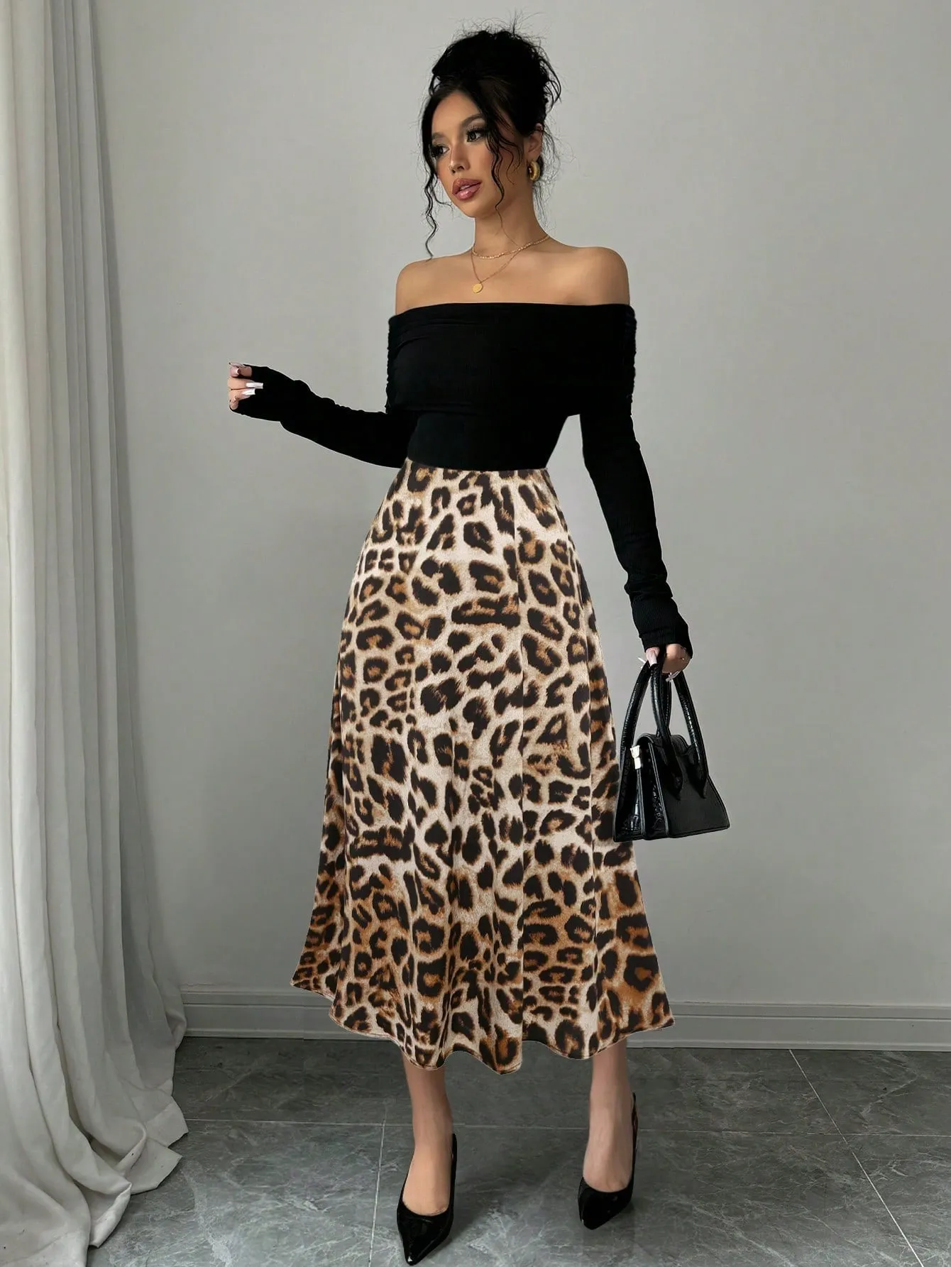 Elegant Knitted Off Shoulder Ribbed Top   Women Graceful Casual Versatile Leopard Print Satin Skirt