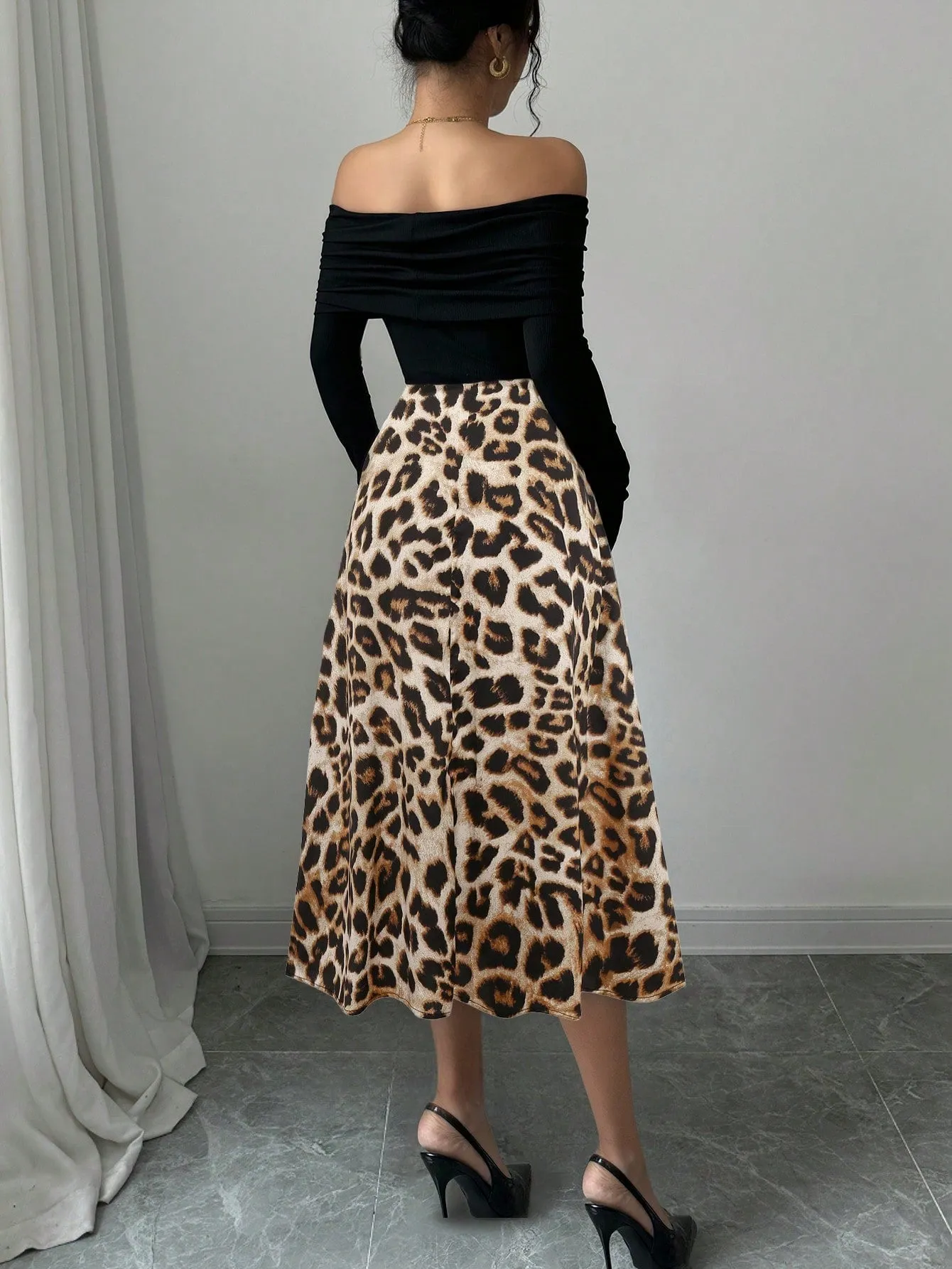 Elegant Knitted Off Shoulder Ribbed Top   Women Graceful Casual Versatile Leopard Print Satin Skirt