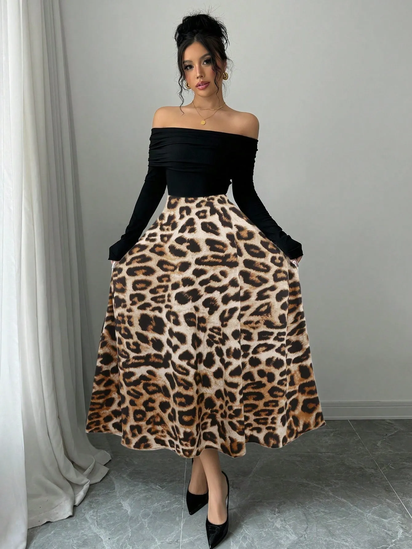 Elegant Knitted Off Shoulder Ribbed Top   Women Graceful Casual Versatile Leopard Print Satin Skirt