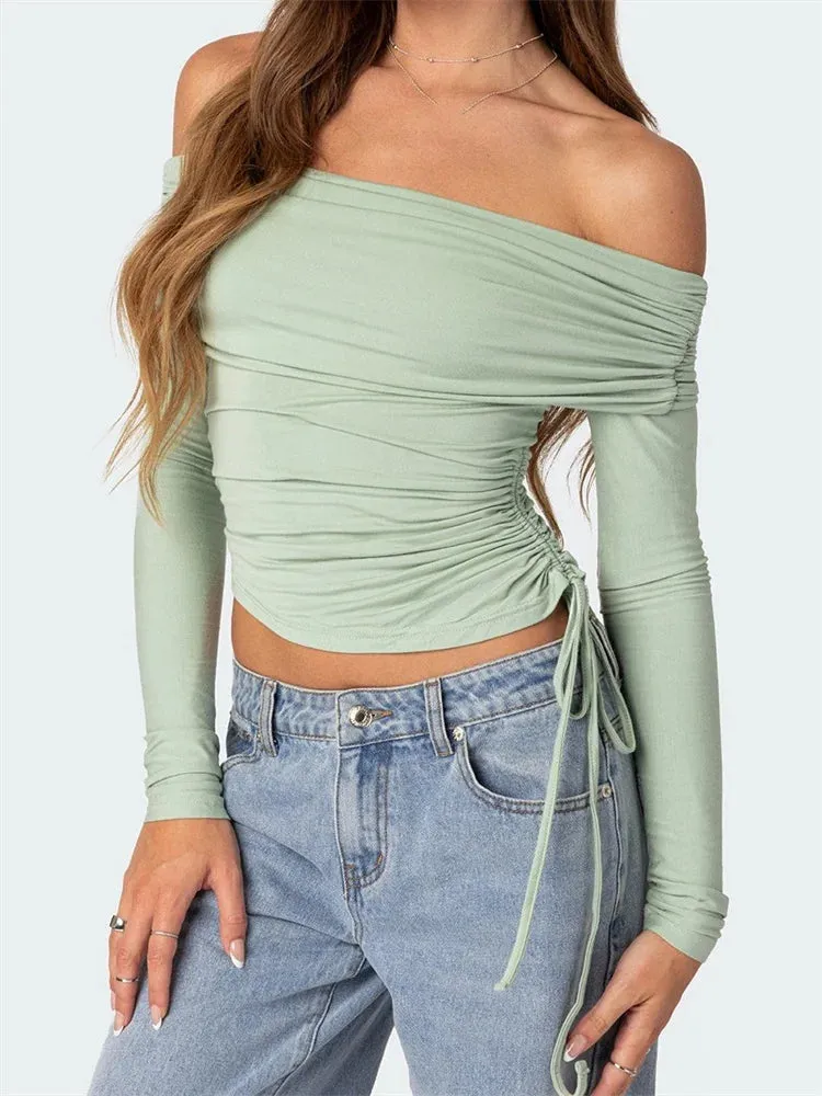 FashionSierra - Long Sleeve Side Drawstring Off-Shoulder Casual Pullovers Clubwear Aesthetic Basic Tee