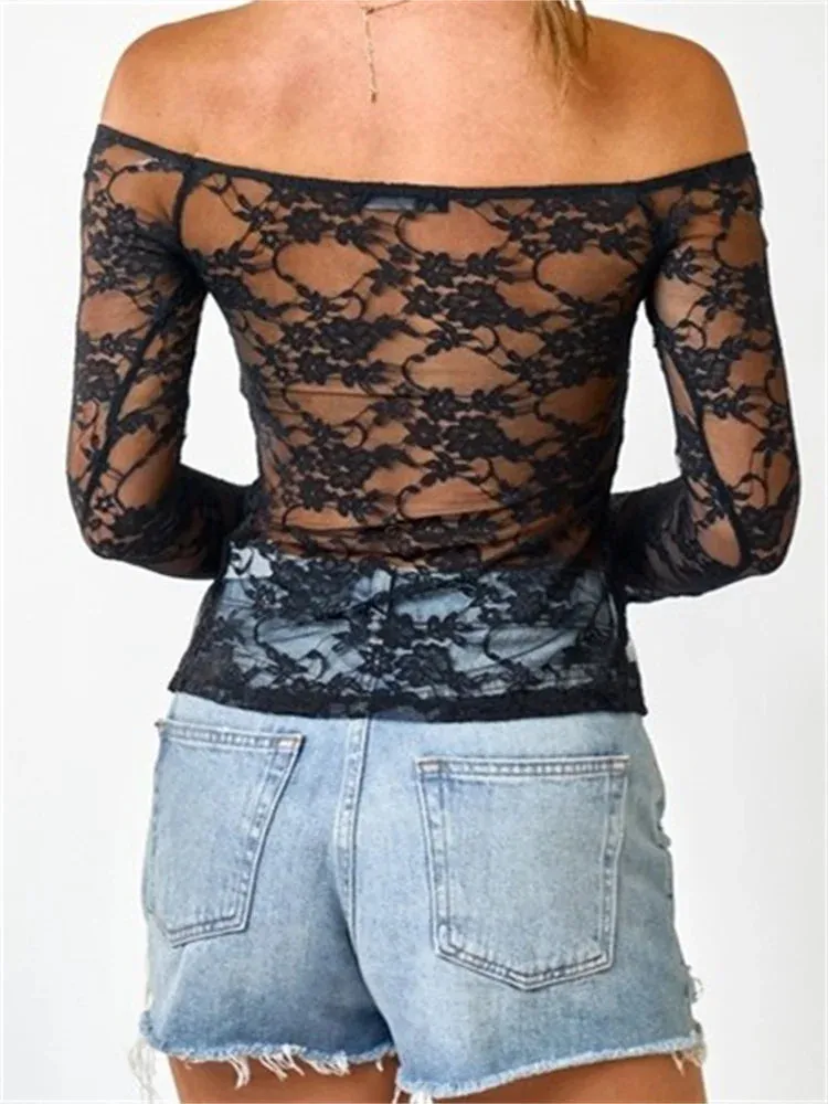 FashionSierra - Retro Lace Mesh See-Through Slash Neck Off Shoulder Long Sleeve Spring Fall Slim Fit Top Clubwear Tee