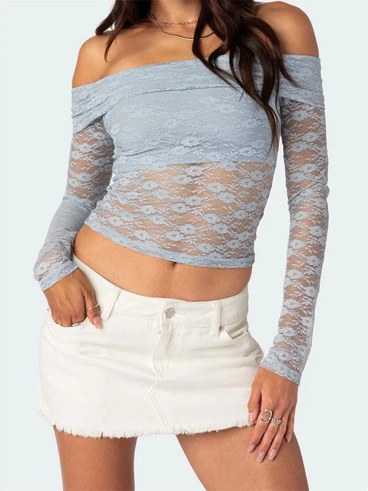 FashionSierra - Sexy Lace Patchwork Mesh See Through Long Sleeve Off Shoulder Slim Fit Party Clubwear Tee