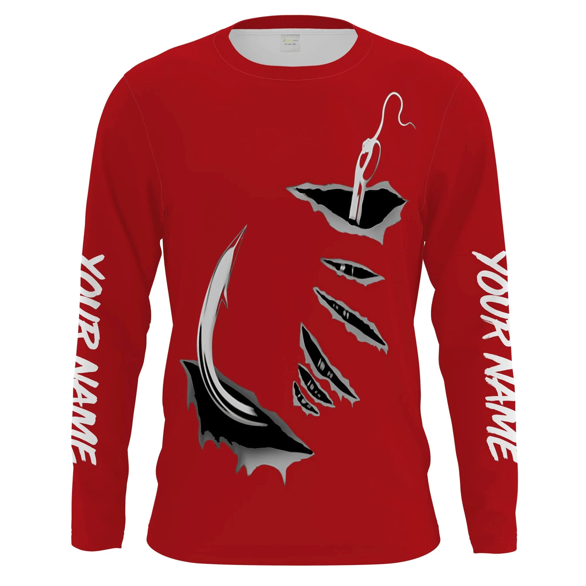 Fish Hook Custom Red Long Sleeve Performance Fishing Shirts Fishing Jerseys