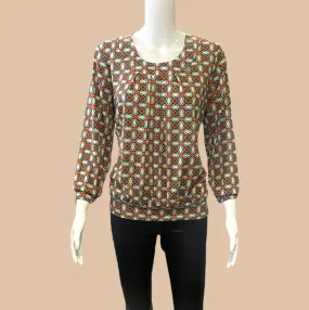 GREEN & ORANGE PRINT ROUND NECK BAND TOP