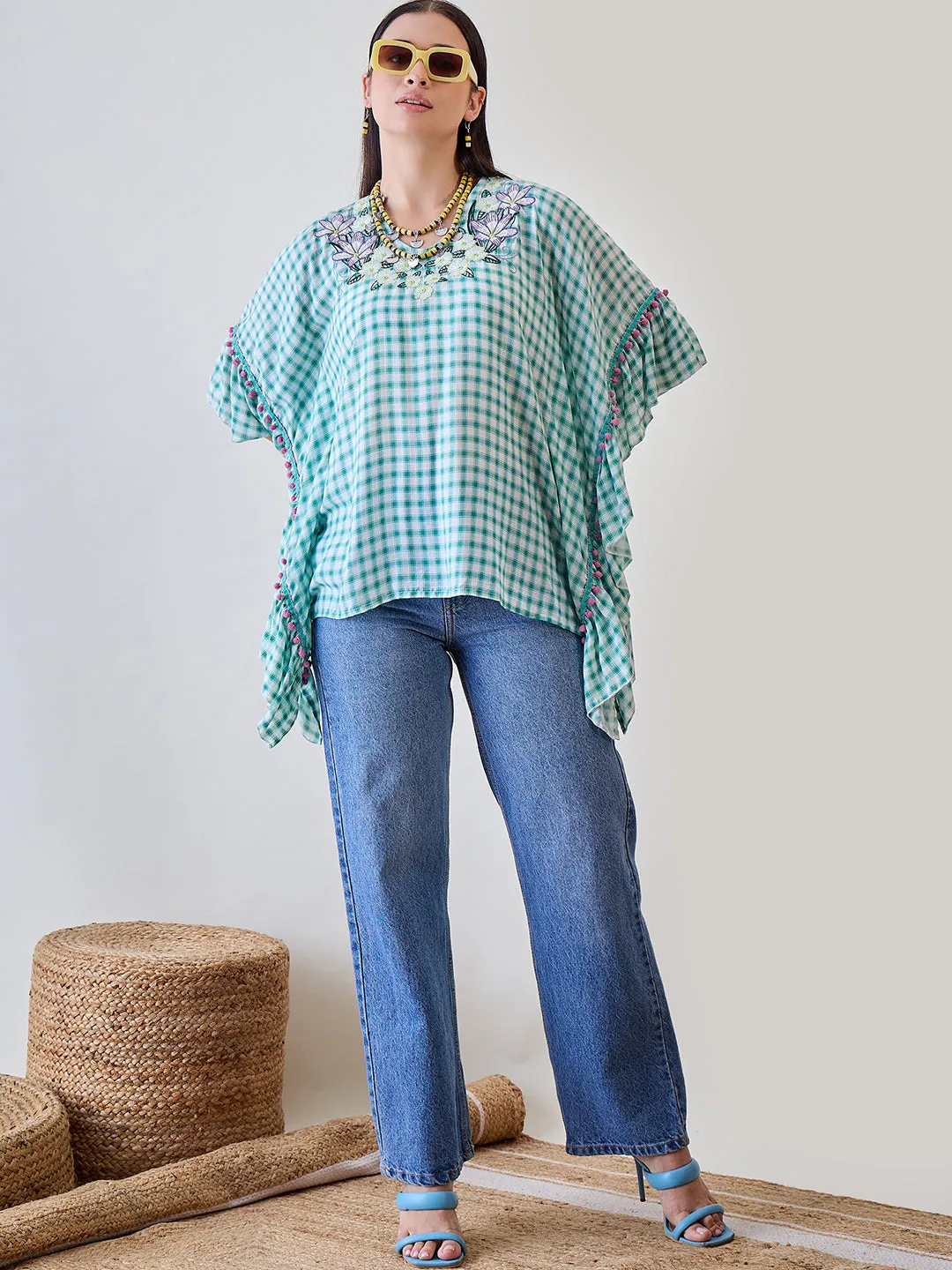 Green Gingham Floral Embroidered Cotton Kaftan Top