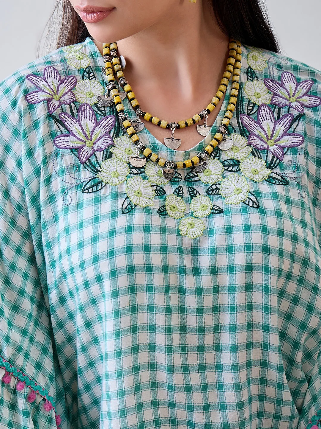 Green Gingham Floral Embroidered Cotton Kaftan Top