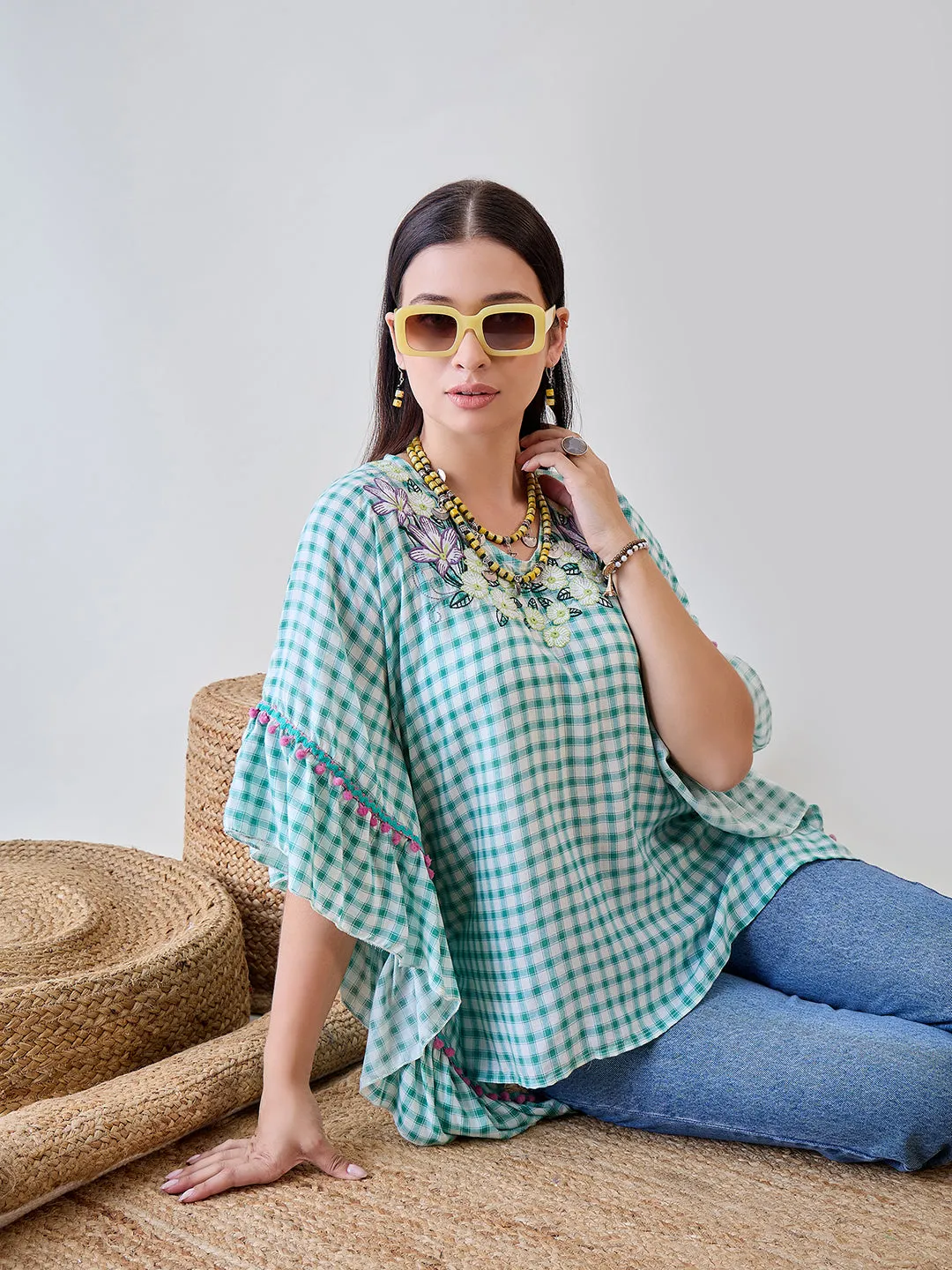 Green Gingham Floral Embroidered Cotton Kaftan Top