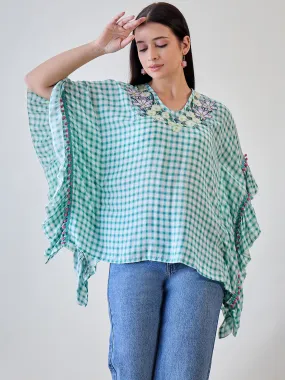 Green Gingham Floral Embroidered Cotton Kaftan Top