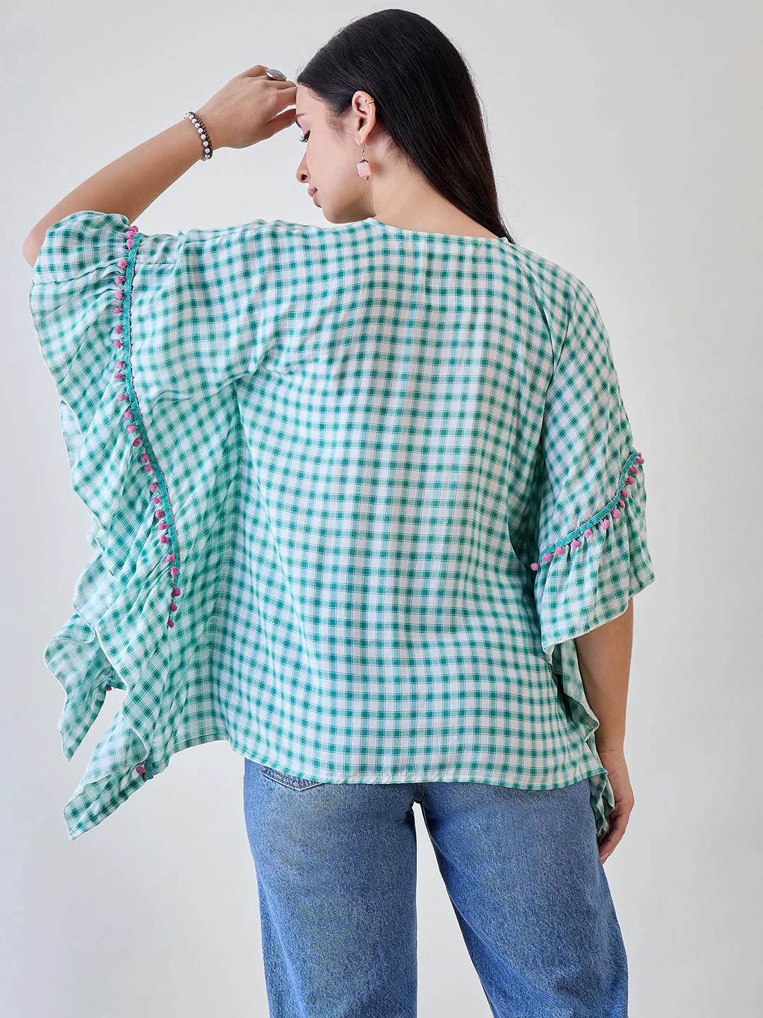 Green Gingham Floral Embroidered Cotton Kaftan Top