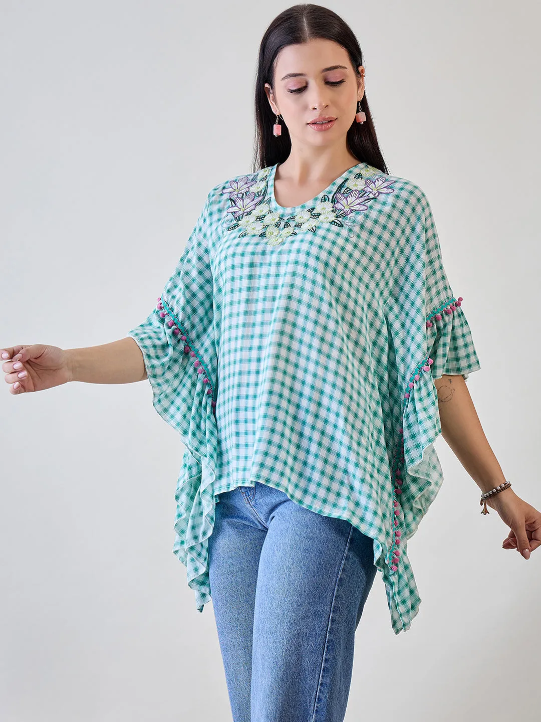 Green Gingham Floral Embroidered Cotton Kaftan Top