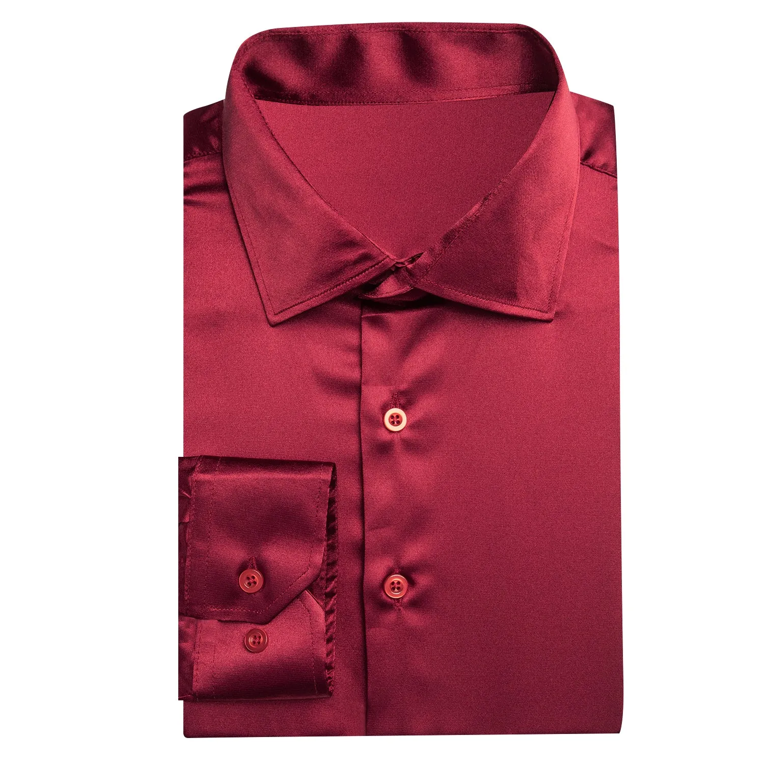 Hi-Tie Burgundy Red Solid Satin Silk Men's Long Sleeve Dress Shirt