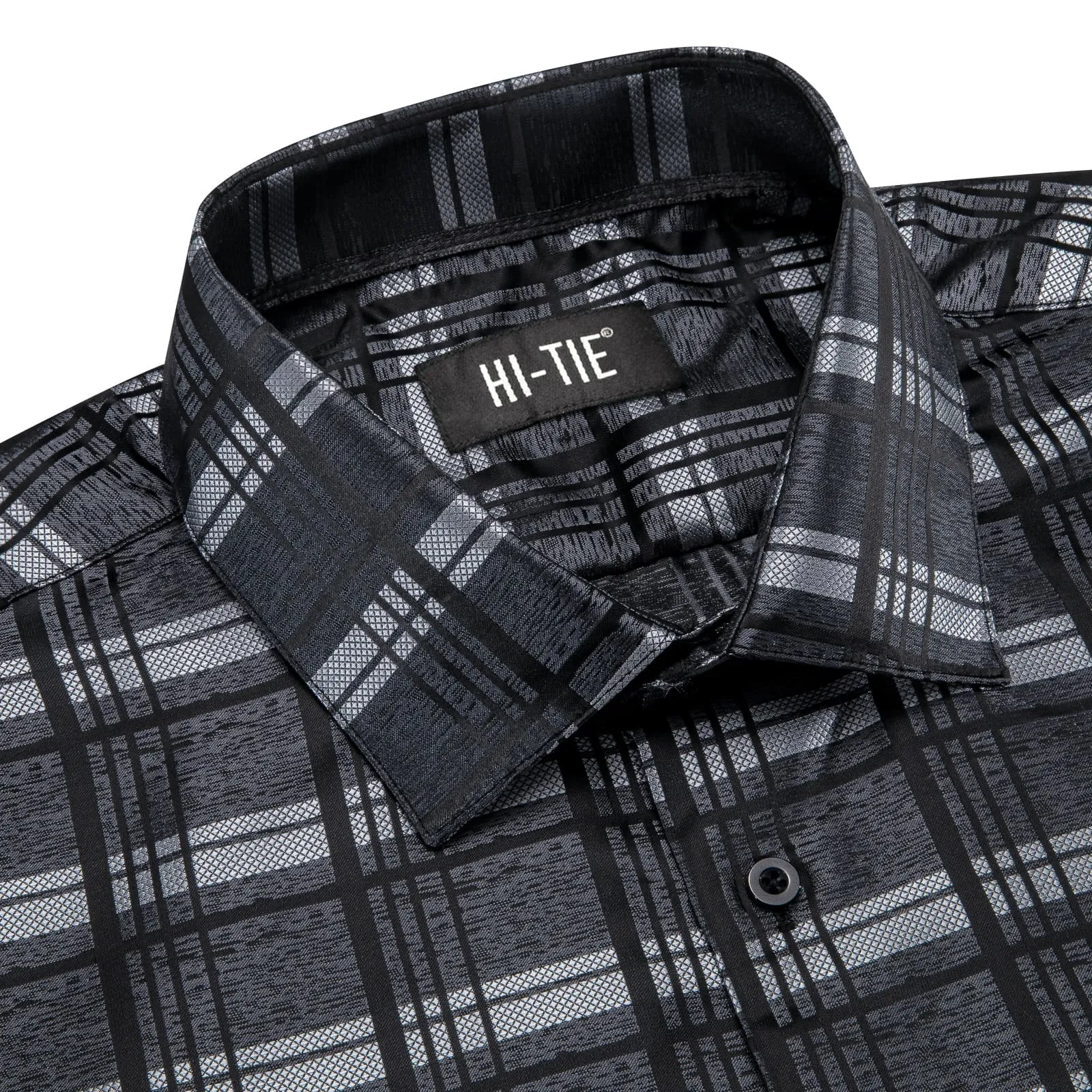 Hi-Tie Grey Shirts Black Checkered Plaid Men's Button Up Dress Shirt