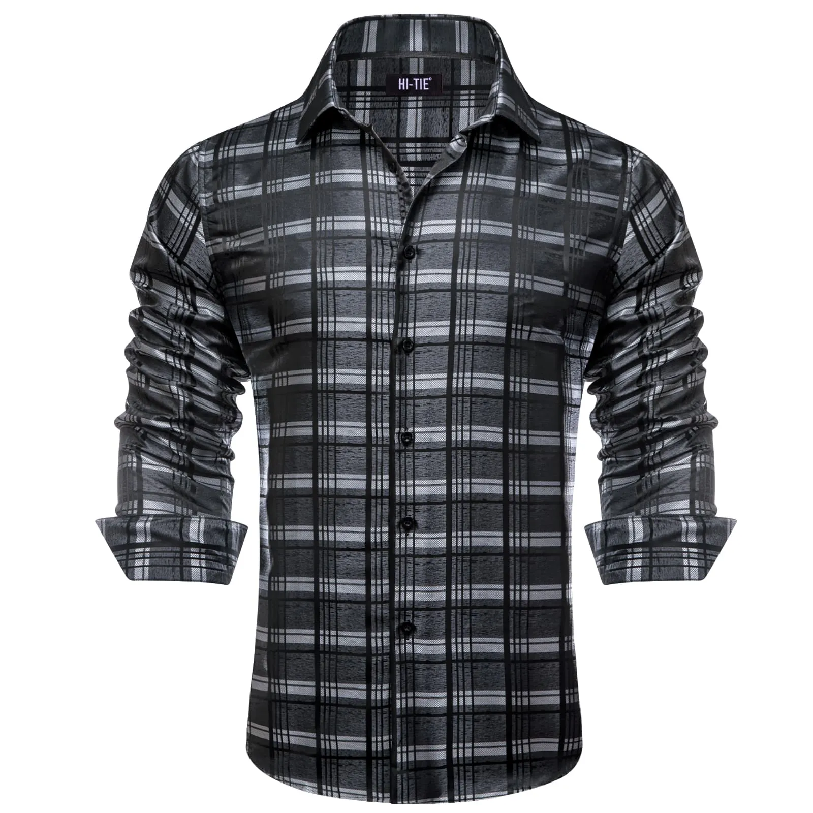 Hi-Tie Grey Shirts Black Checkered Plaid Men's Button Up Dress Shirt