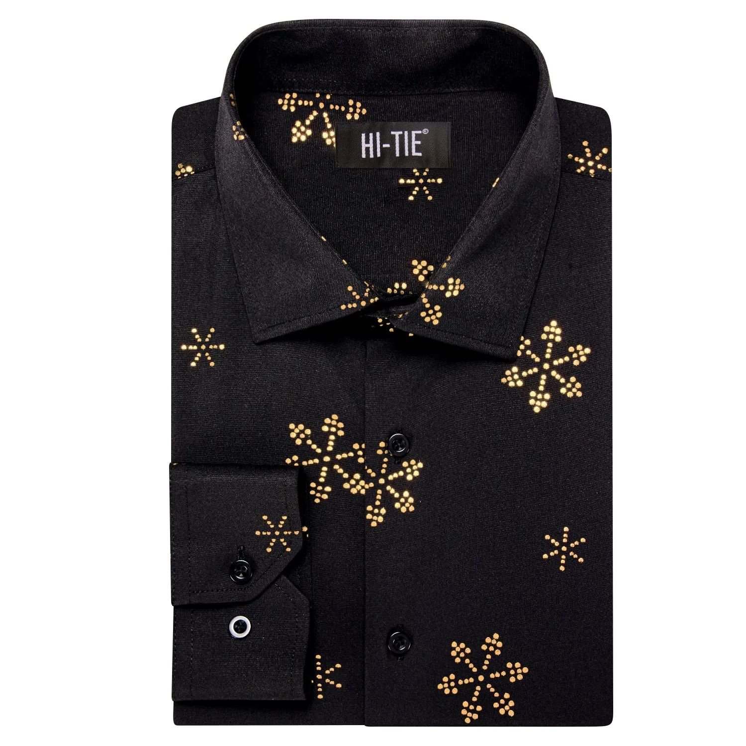 Hi-Tie Men's Black Top Christmas Golden Snowflake Long Sleeve Shirt