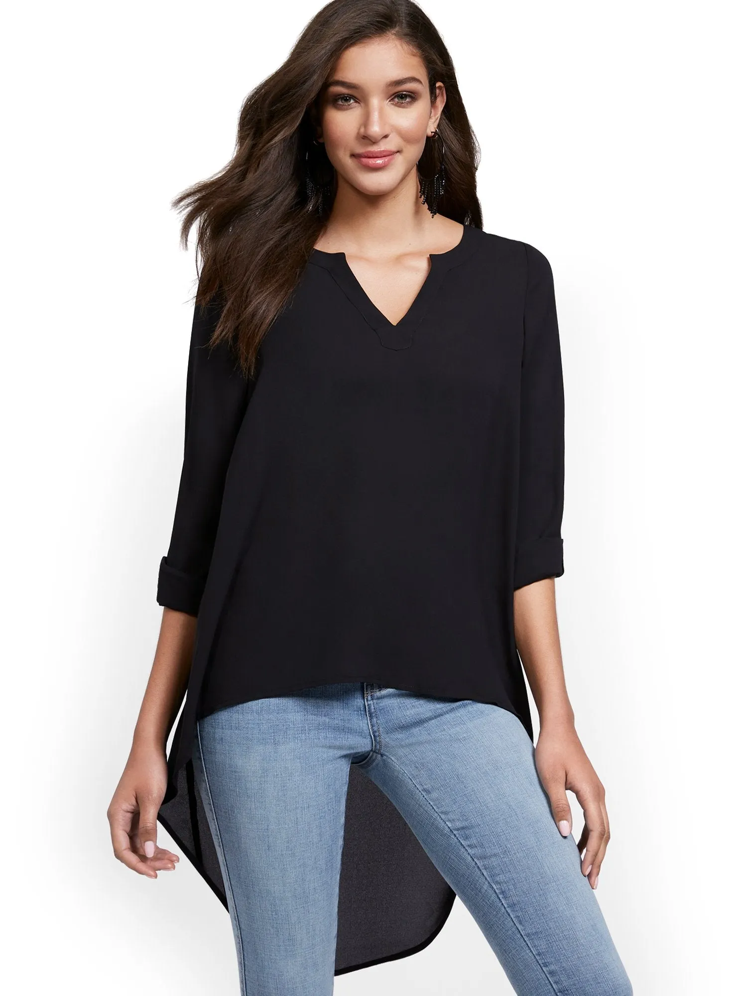 High-Low V-Neck Popover Top