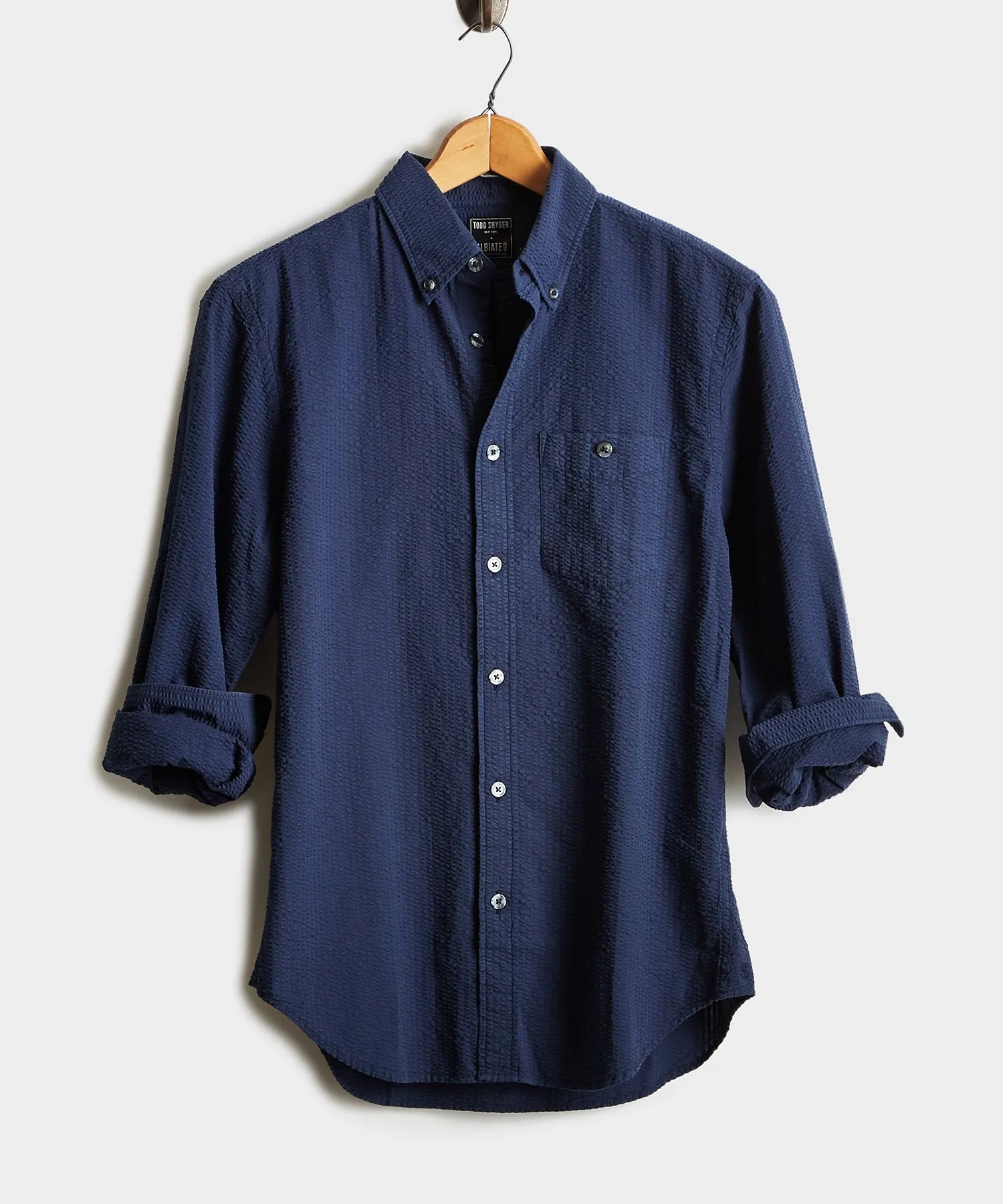 Italian Seersucker Long Sleeve Shirt in Navy