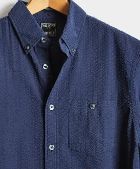 Italian Seersucker Long Sleeve Shirt in Navy