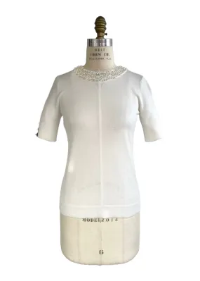 KARL LAGERFELD Women's white short sleeve sweater w/ pearl neckline & back bow, XS