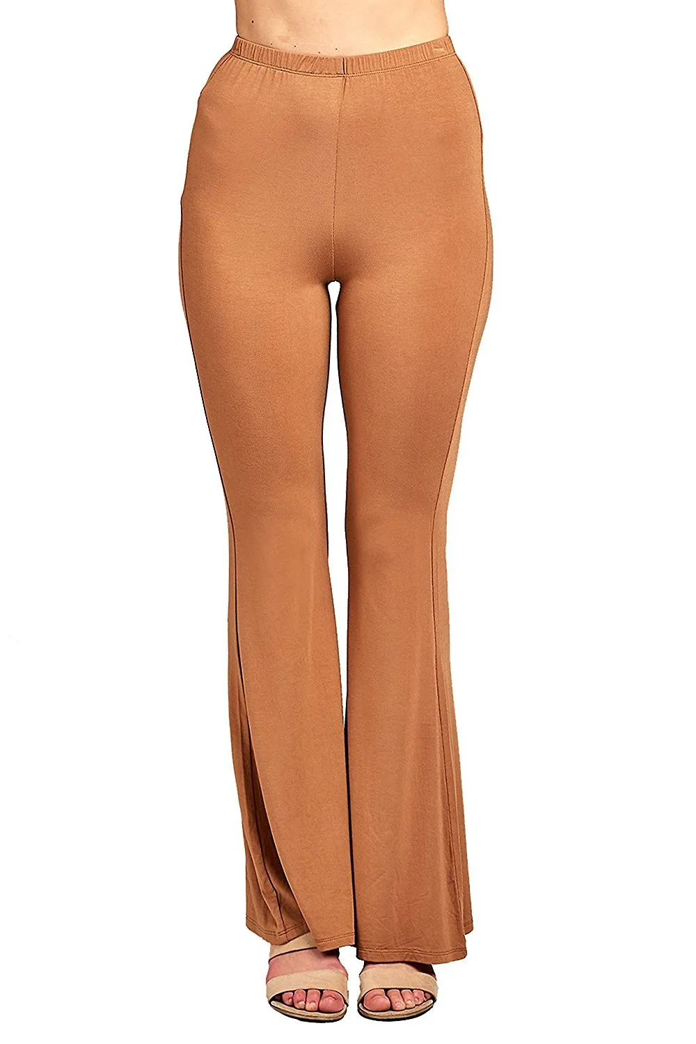 Khanomak Elastic Waist Bell Bottom Stretch Flared Solid Long Wide Leg Legging Pants