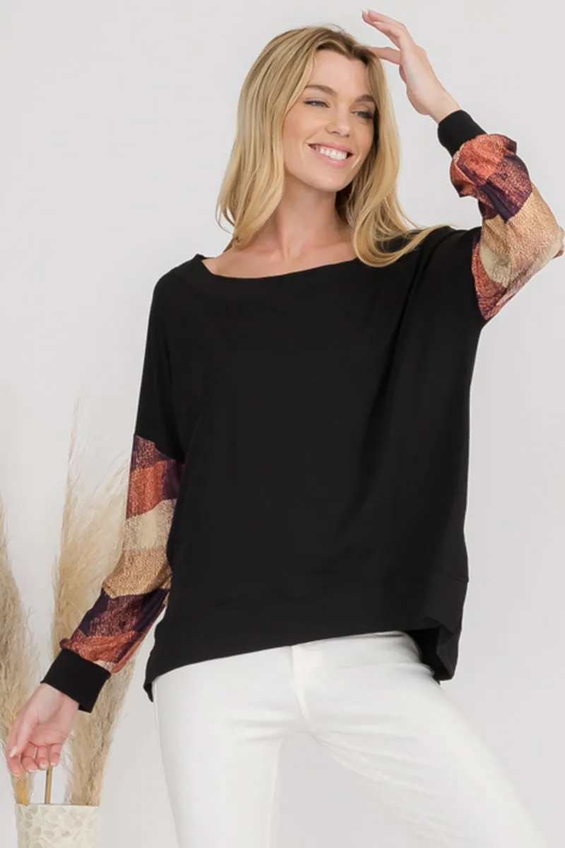 Knit Printed Boatneck Long Sleeve Top