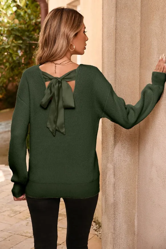 Lantern Sleeve V Neck Knot Back Sweater - Jungle