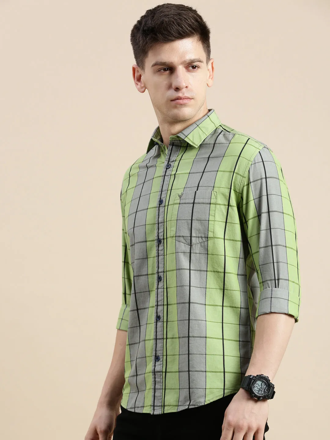 Men Spread Collar Checked Green Shirt