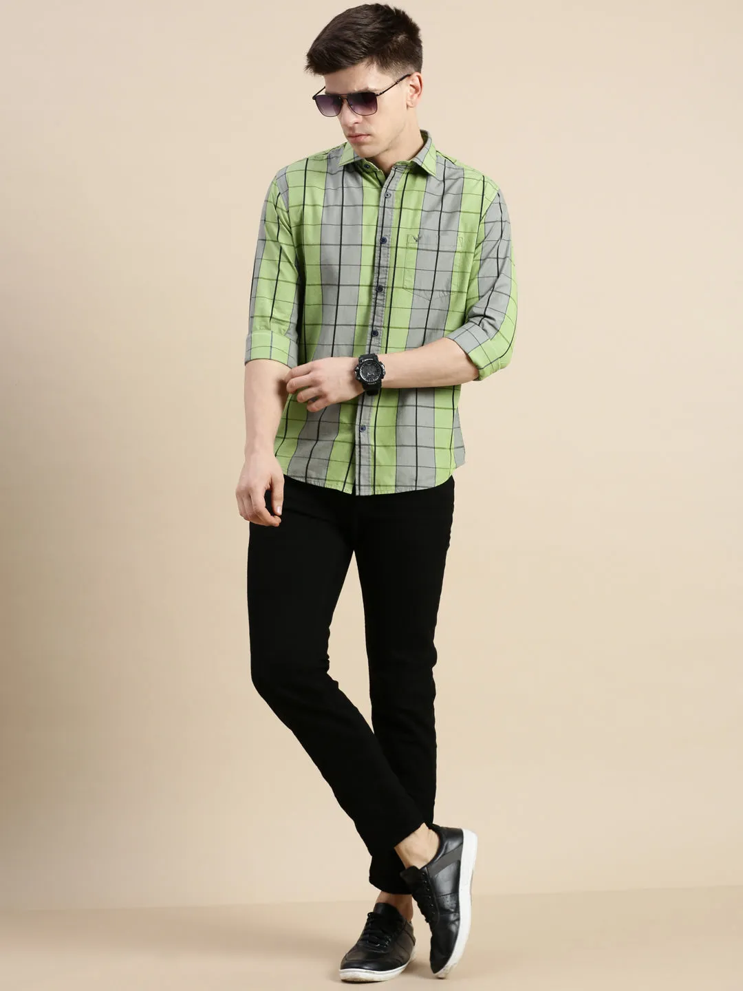 Men Spread Collar Checked Green Shirt