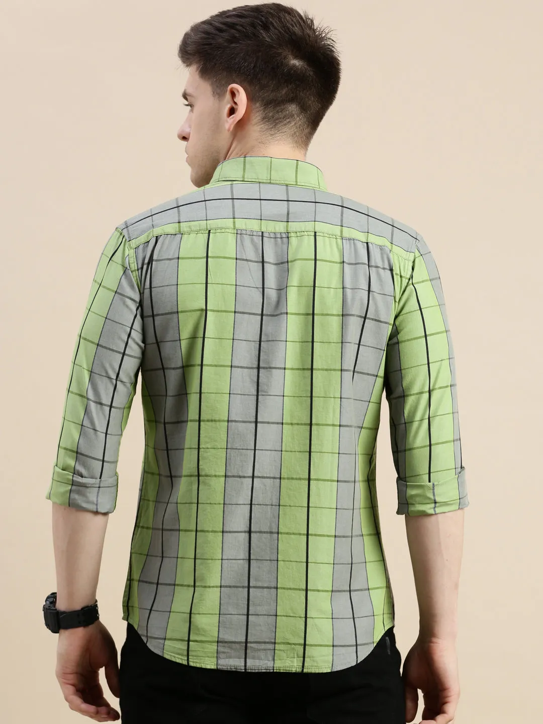 Men Spread Collar Checked Green Shirt