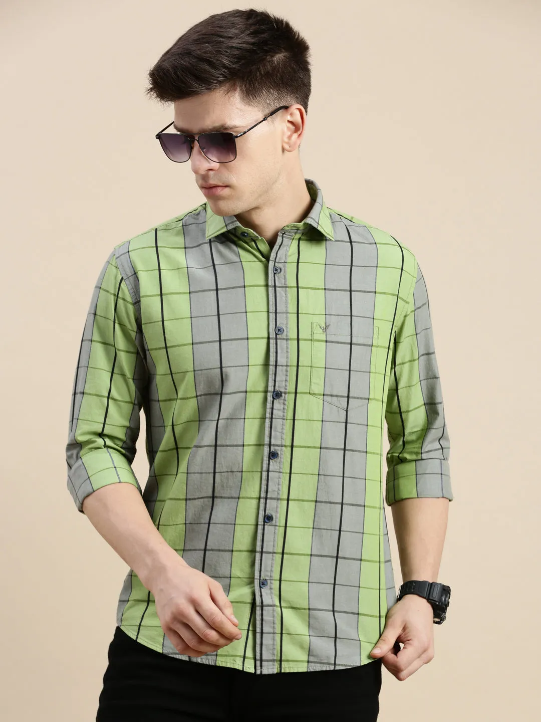 Men Spread Collar Checked Green Shirt