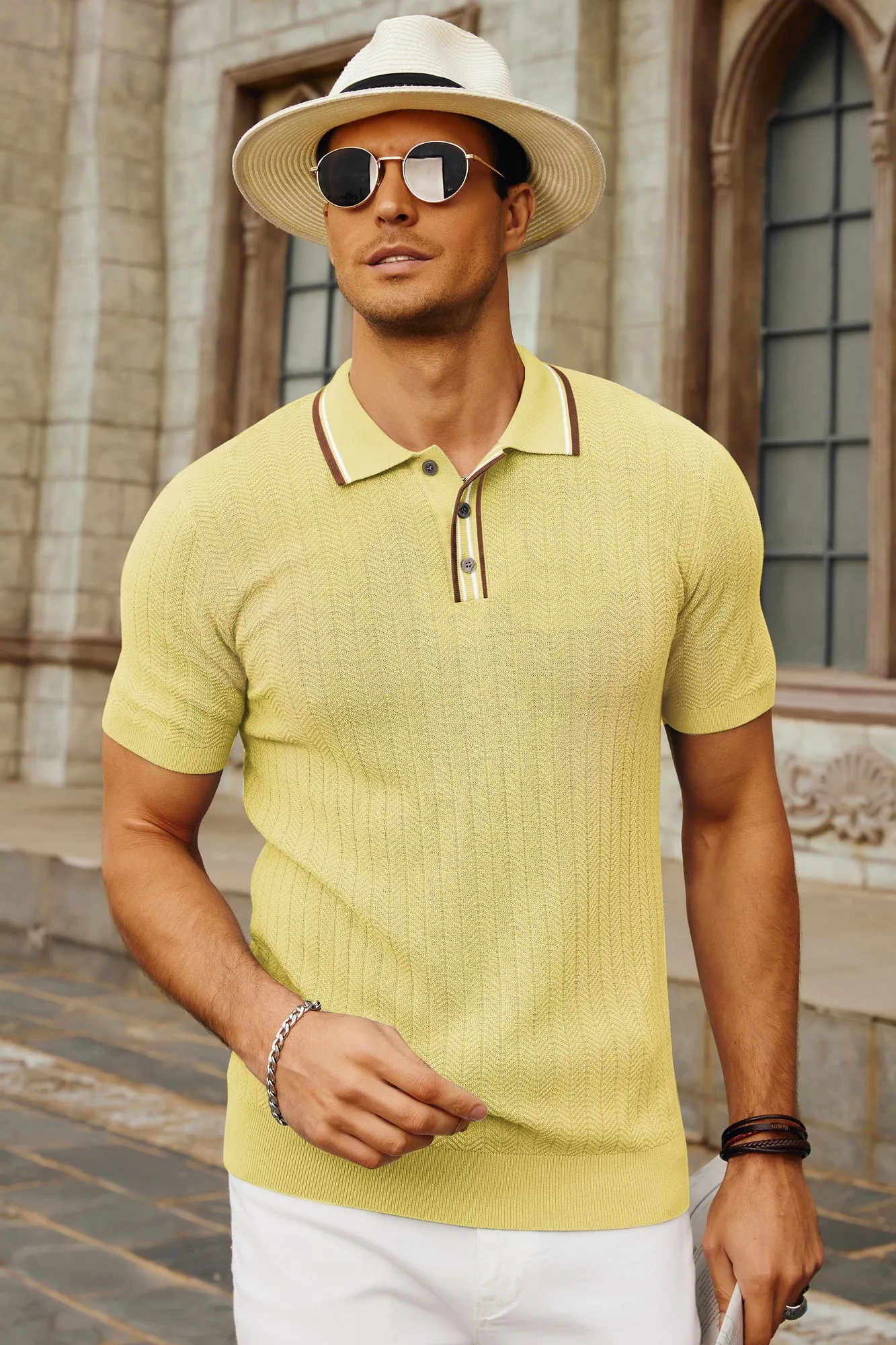 Mens Knitted Polo Shirts Short Sleeve Textured Pullover Golf Polo Pullover T Shirts