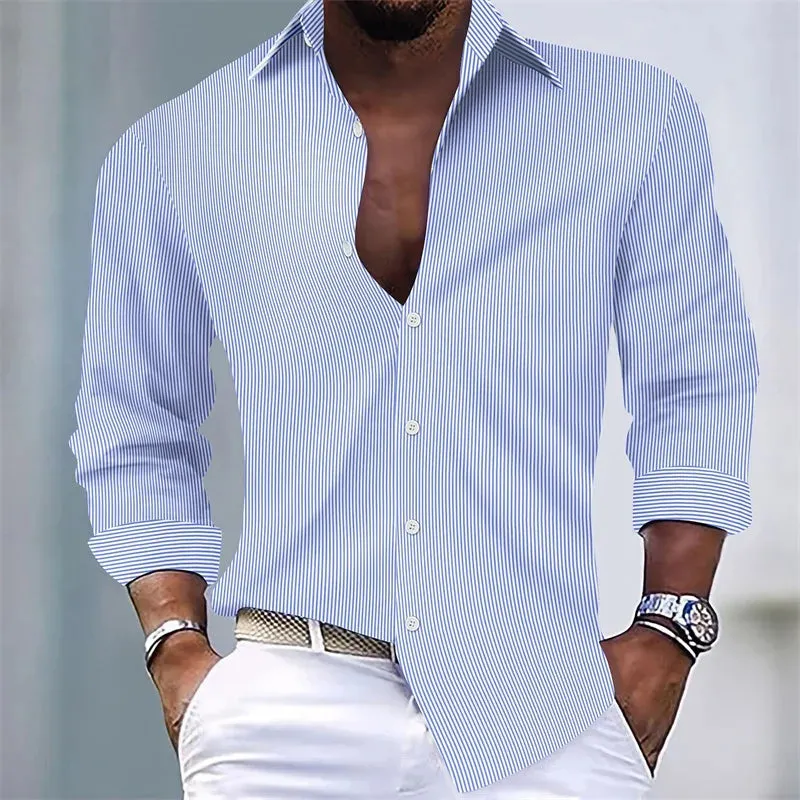 Men's Striped Long Sleeve Casual Shirt – Button-Down Lapel, Lightweight Everyday Wear - Path Of Praise