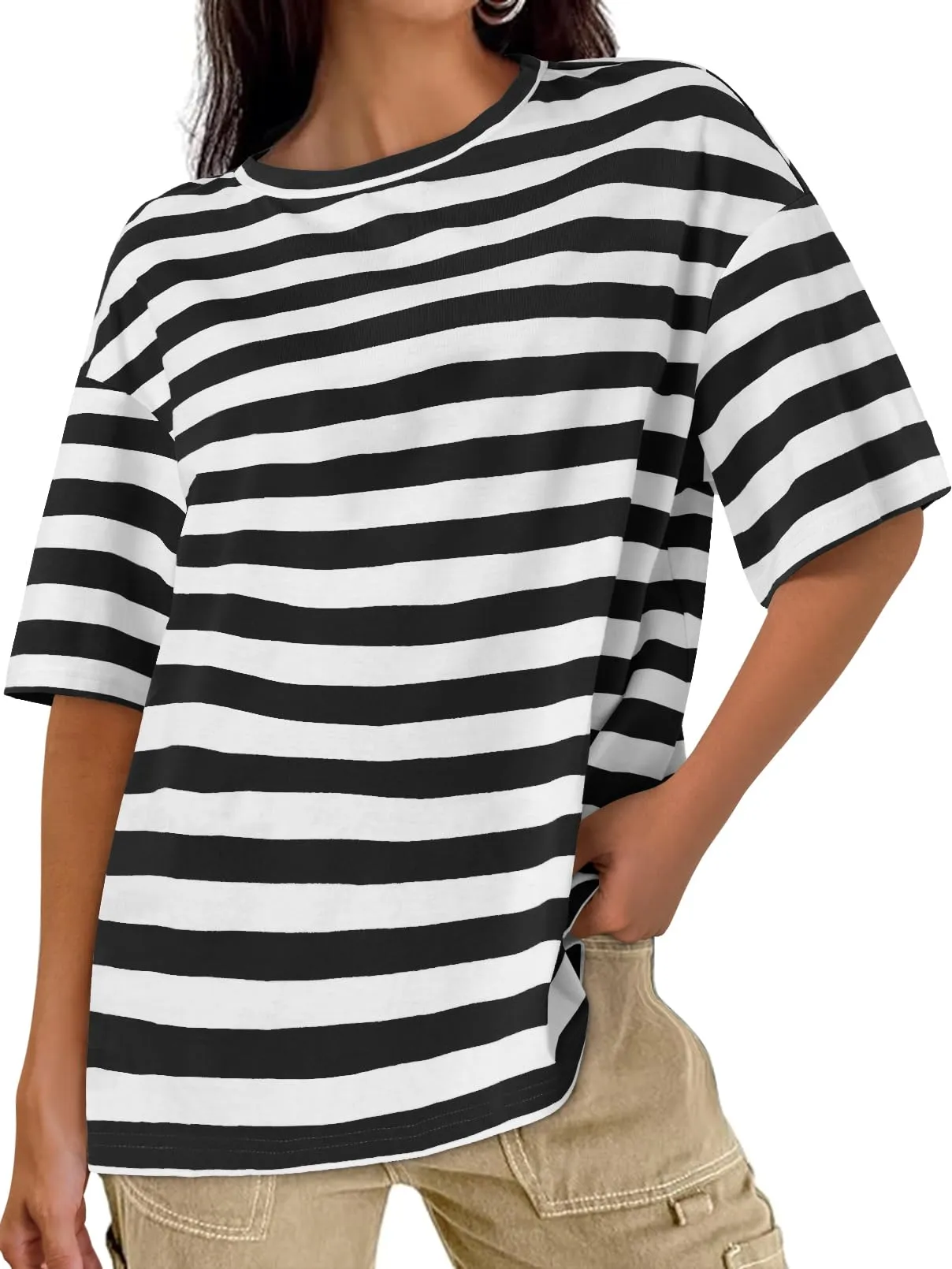 MEROKEETY Half Sleeve Crew Neck Striped Oversized T Shirt