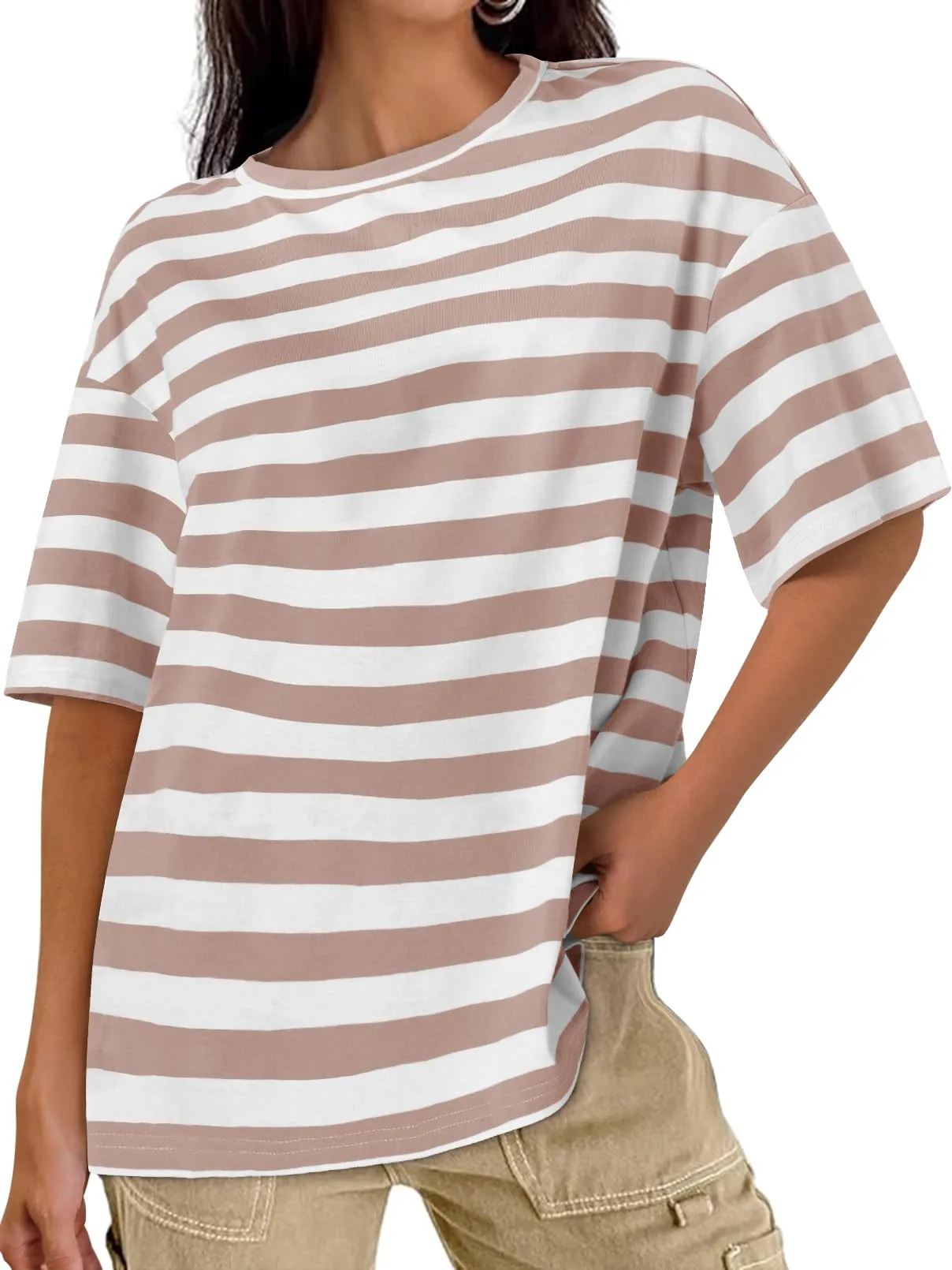 MEROKEETY Half Sleeve Crew Neck Striped Oversized T Shirt