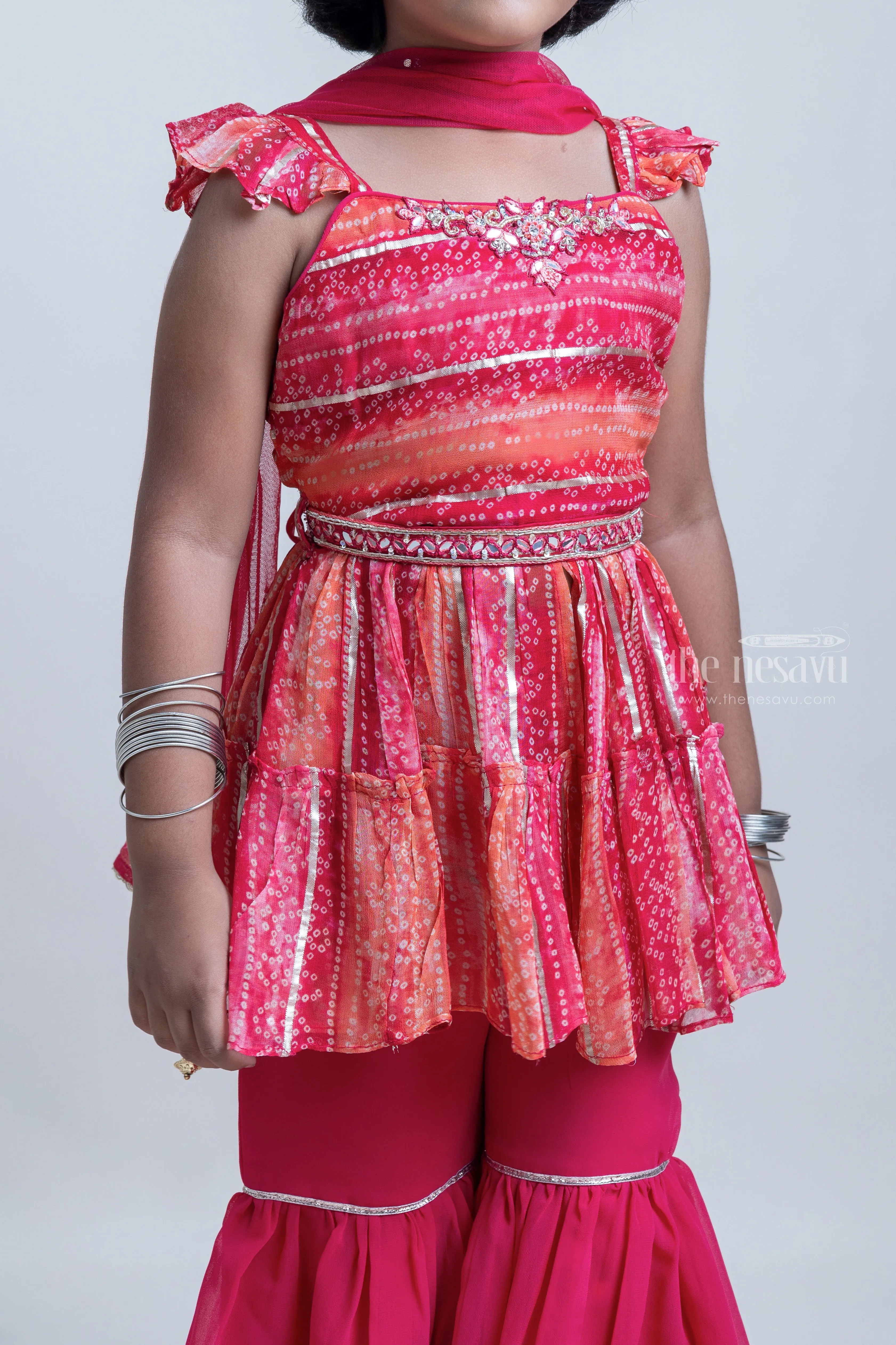 Modern Orange-red Floral glass Embroidery Tunic Tops And Hot Pink Sharara Set For Girls