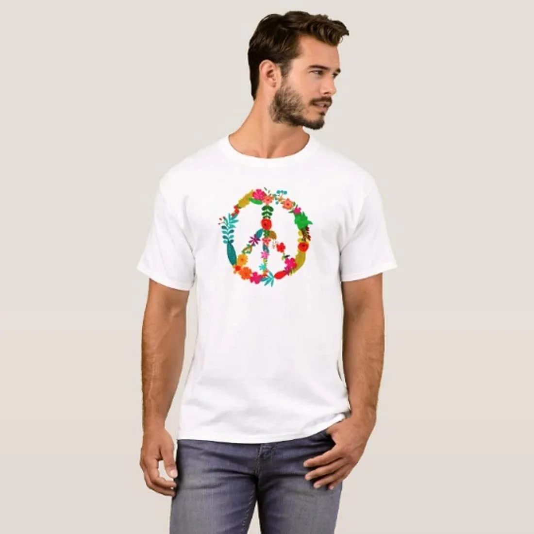 Nutcase Designer Round Neck Men's T-Shirt Wrinkle-Free Poly Cotton Tees - Floral Peace