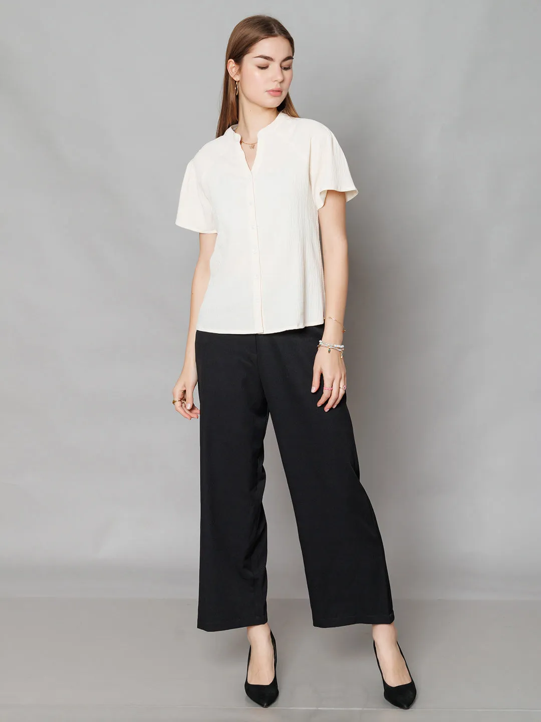 Off White Textured Basic Top