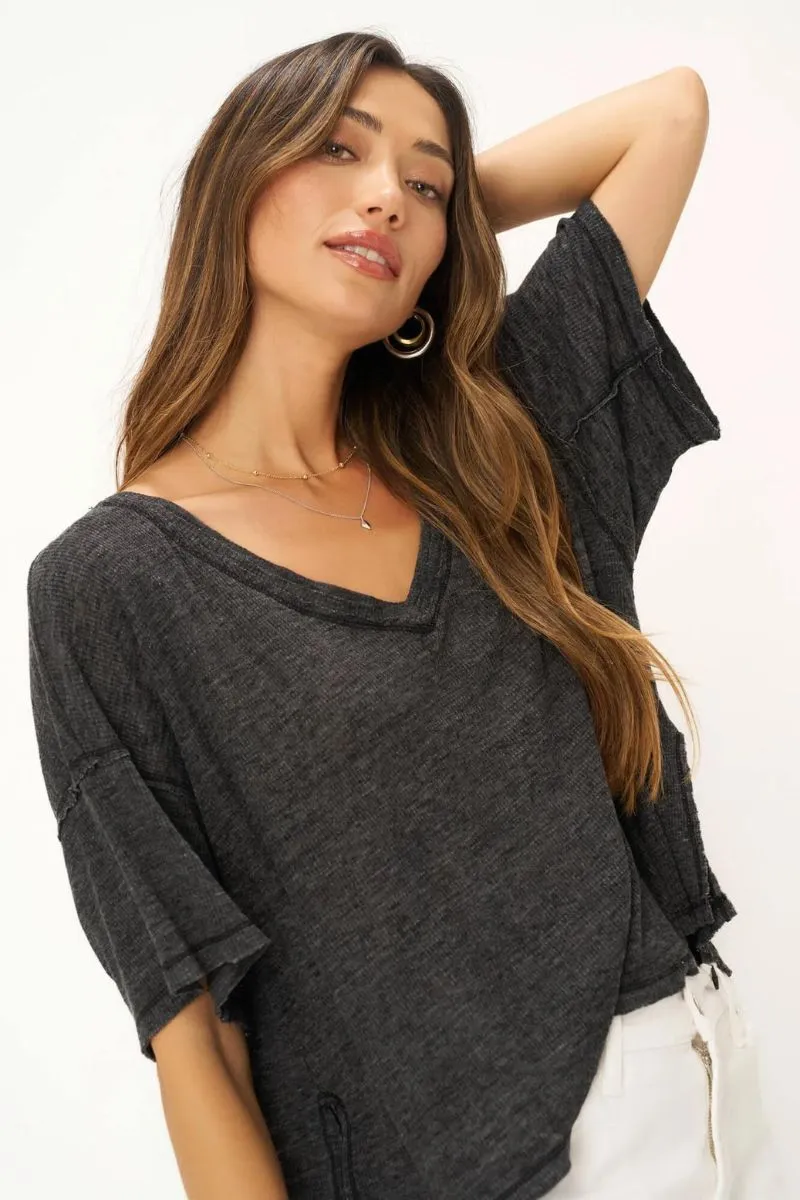 Oh Girl Raw V Neck Textured Tee