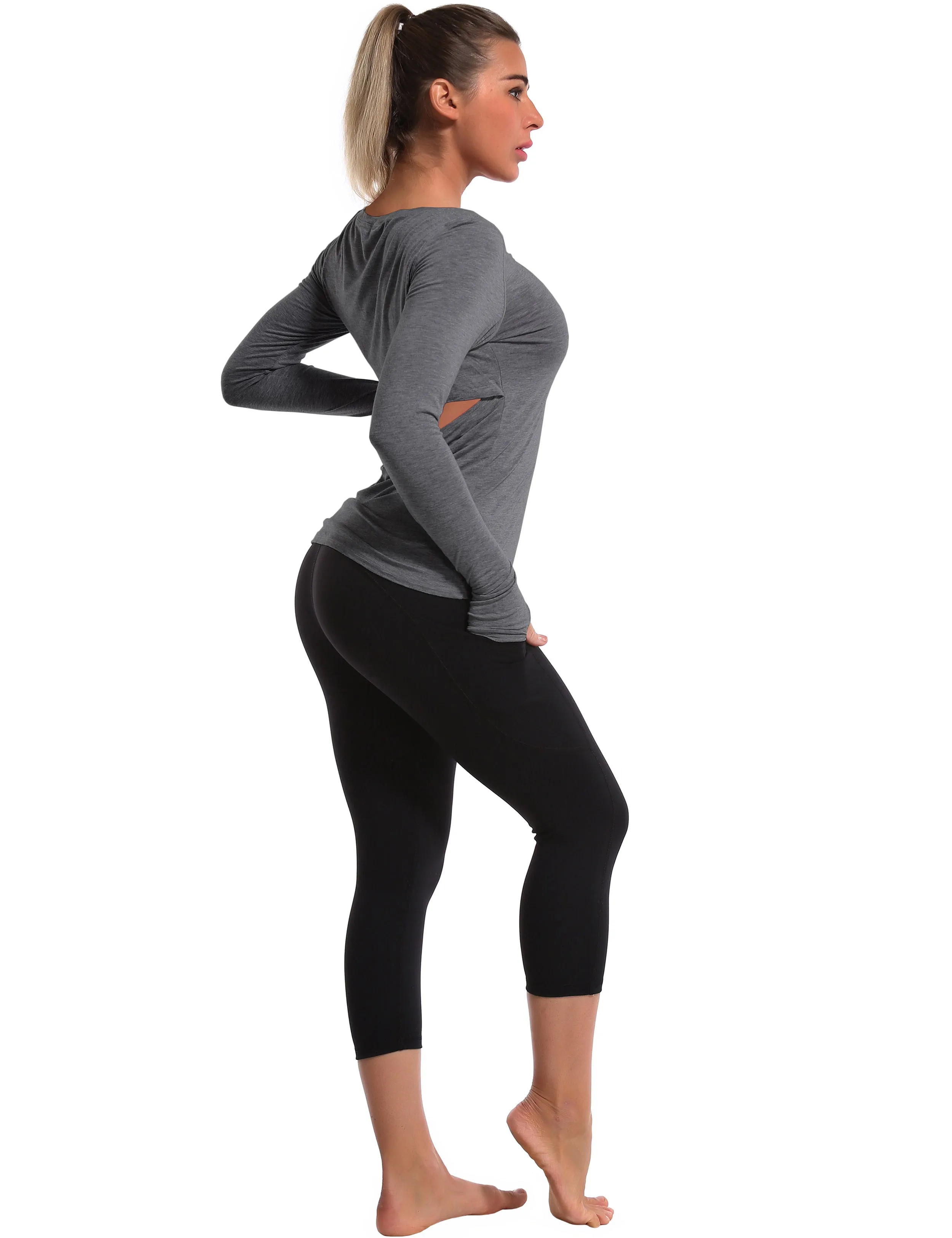 Open Back Long Sleeve Tops heathercharcoal_yogastudio