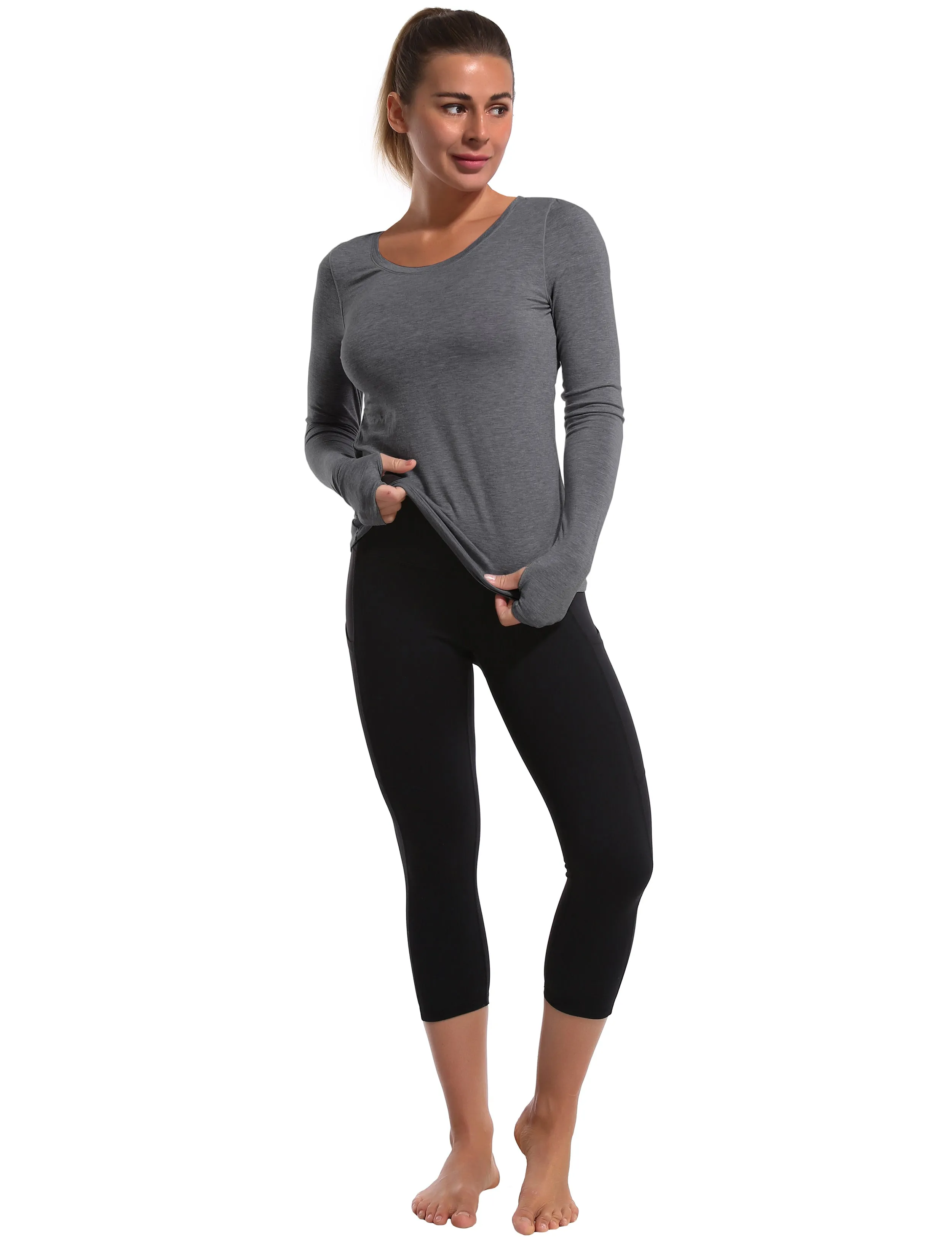 Open Back Long Sleeve Tops heathercharcoal_yogastudio