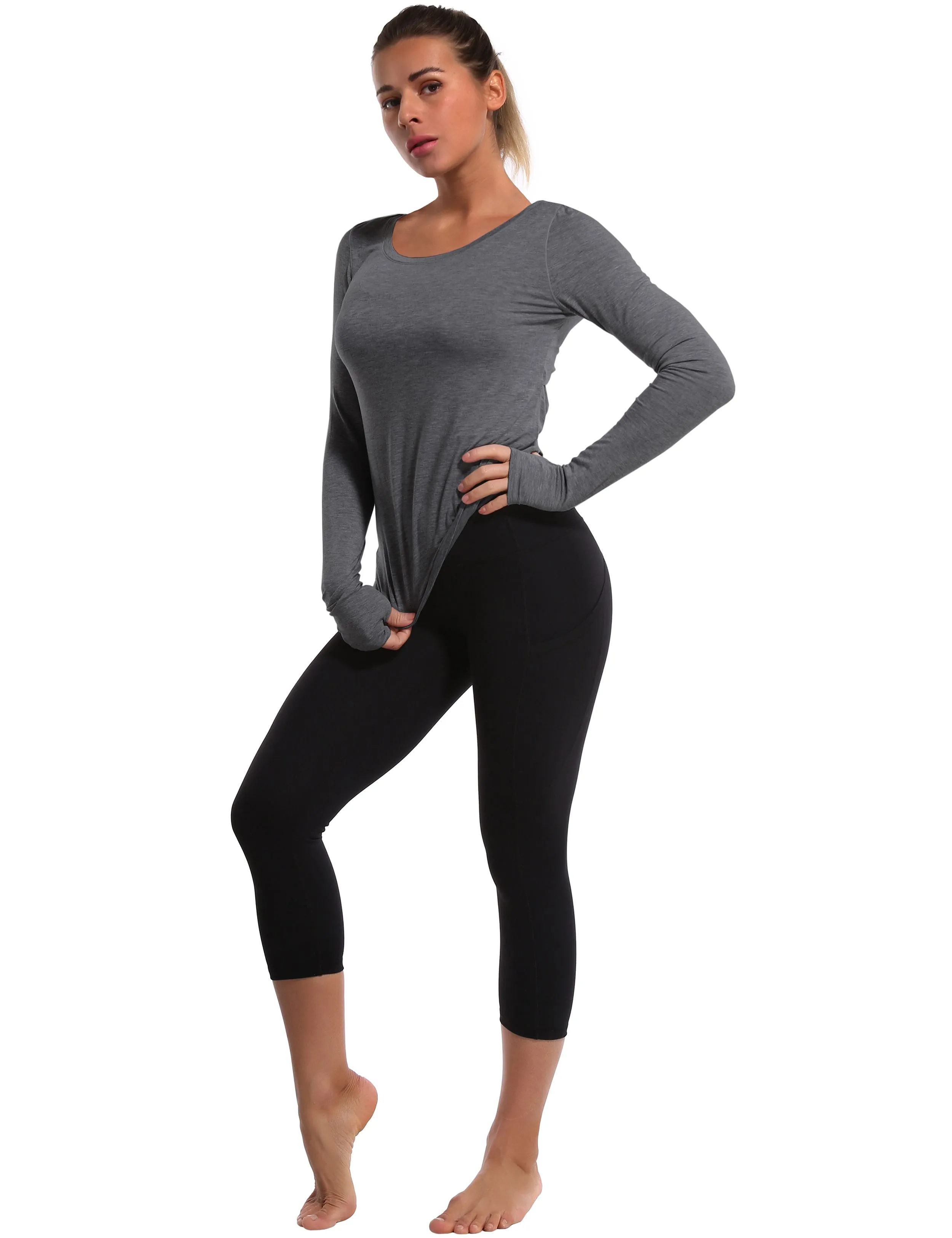 Open Back Long Sleeve Tops heathercharcoal_yogastudio