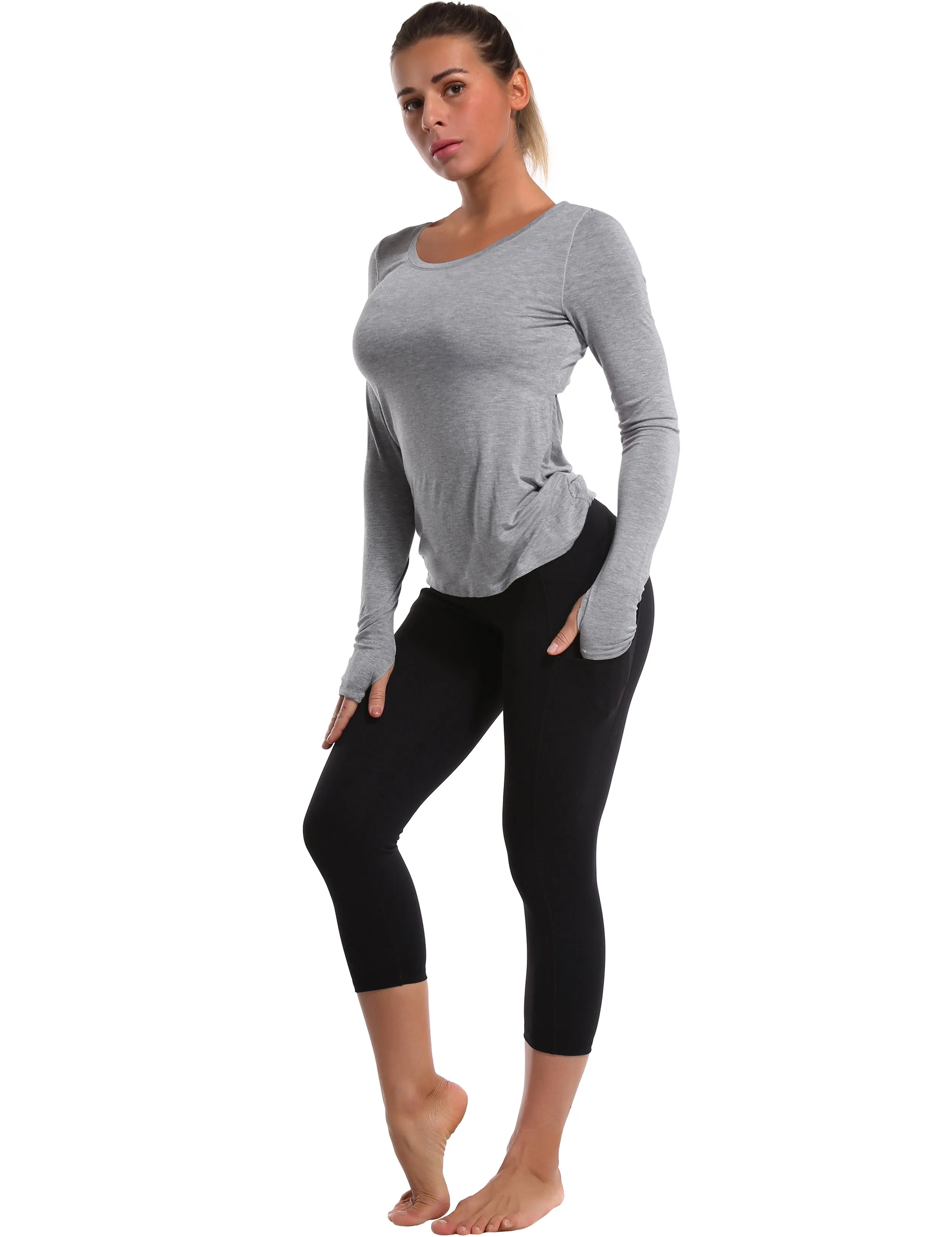 Open Back Long Sleeve Tops heathergray_Biking