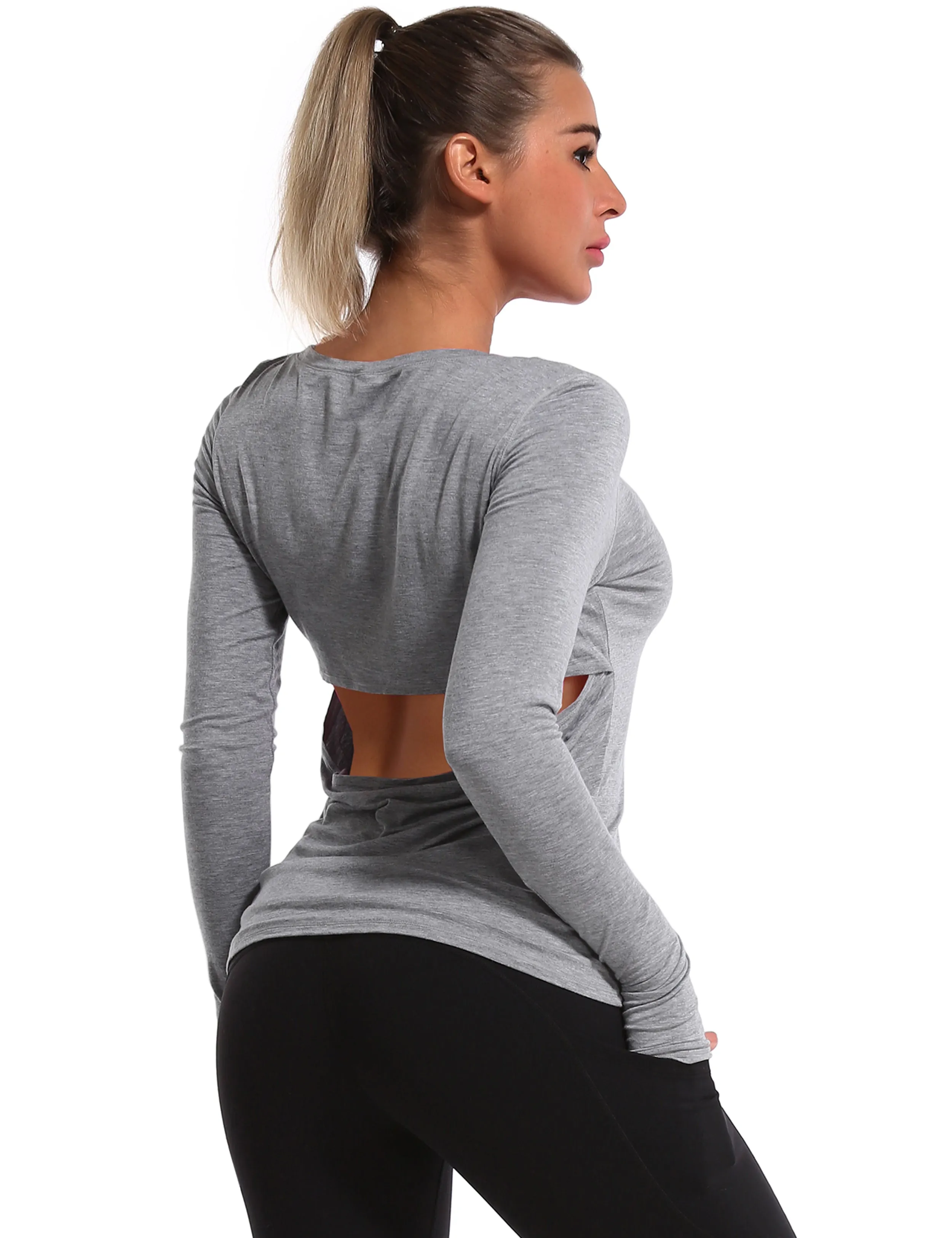 Open Back Long Sleeve Tops heathergray_Biking