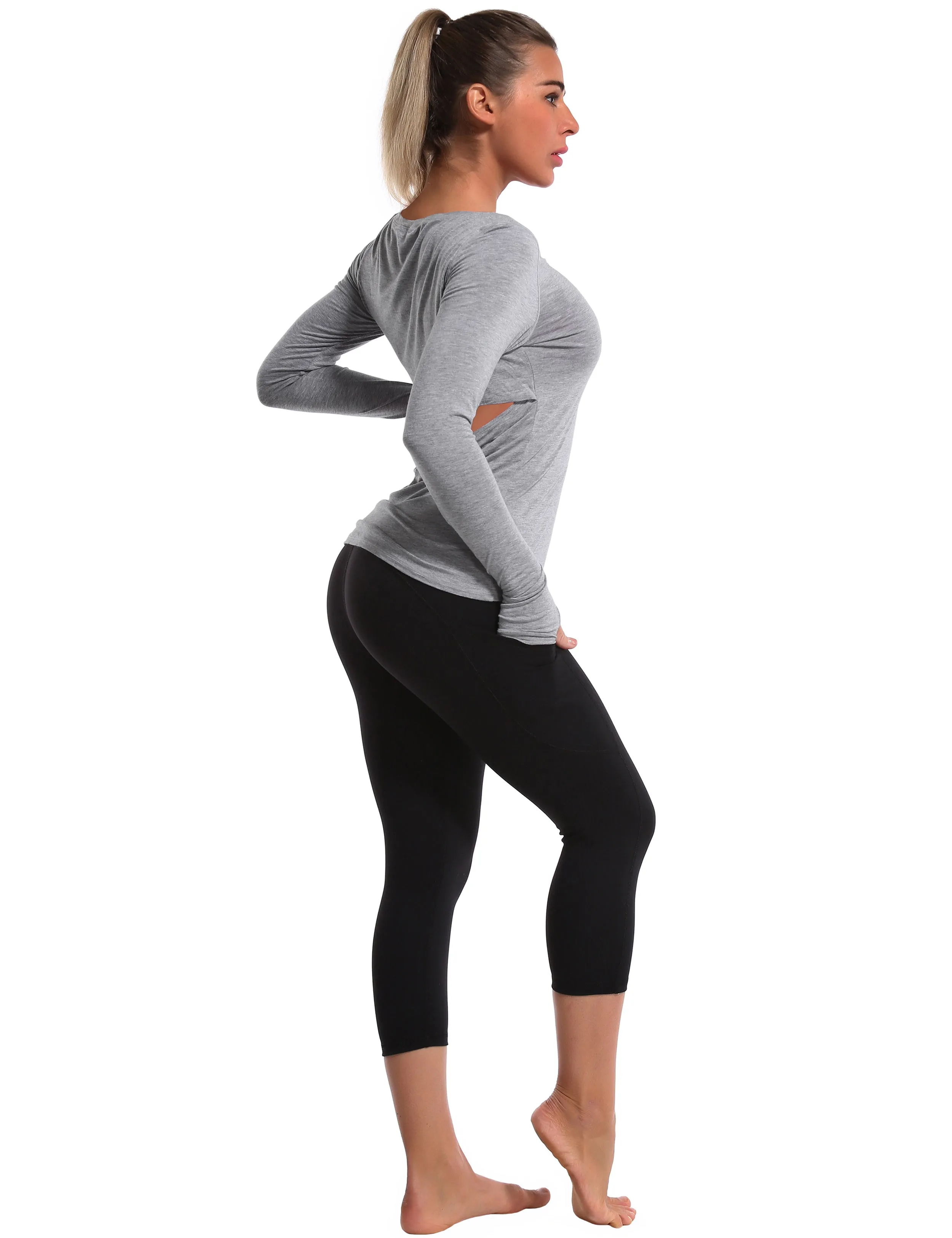 Open Back Long Sleeve Tops heathergray_Biking