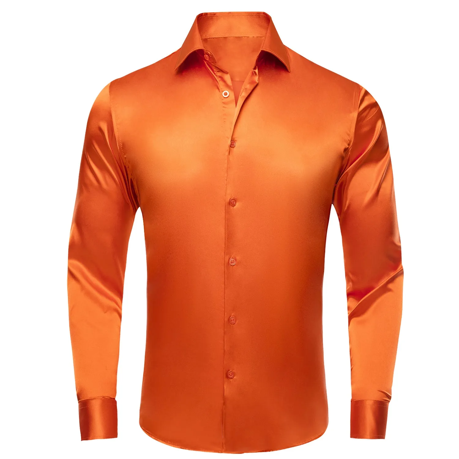 Orange Solid Satin Silk Men's Long Sleeve Dress Shirt