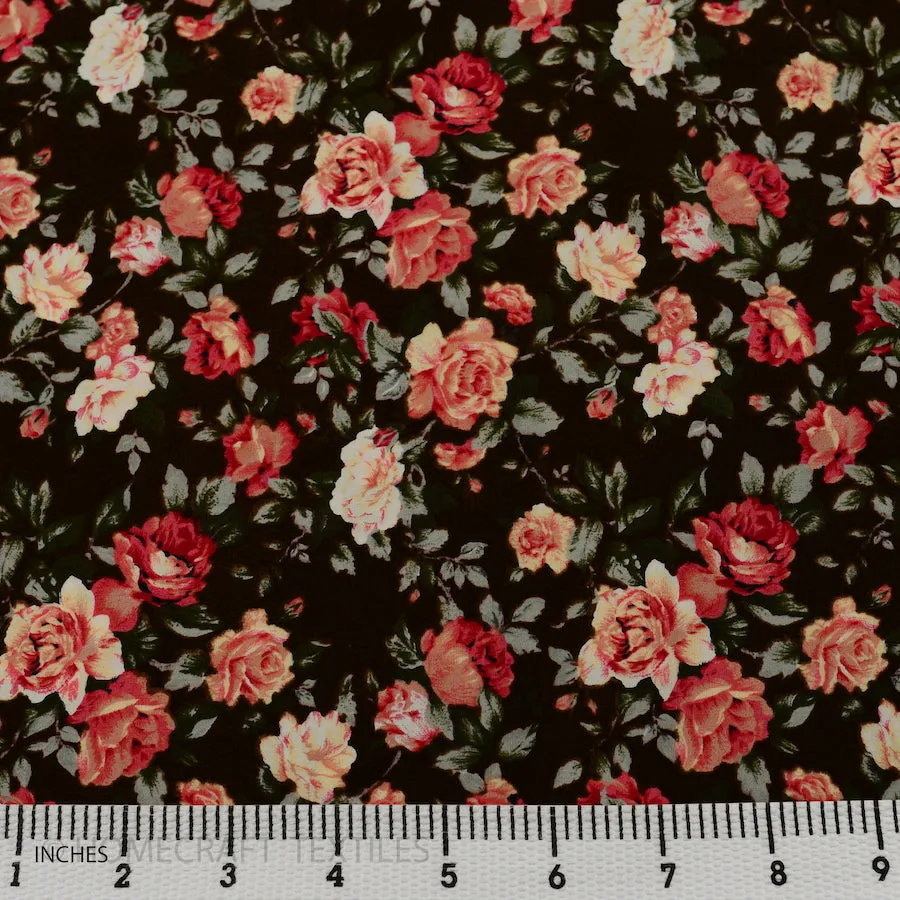 Peach & Black Floral Cotton Print