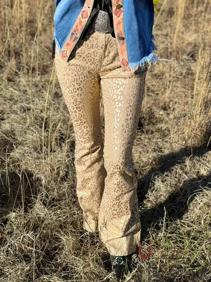 ROCK&ROLL Gold Cheetah Print Flare Jeans