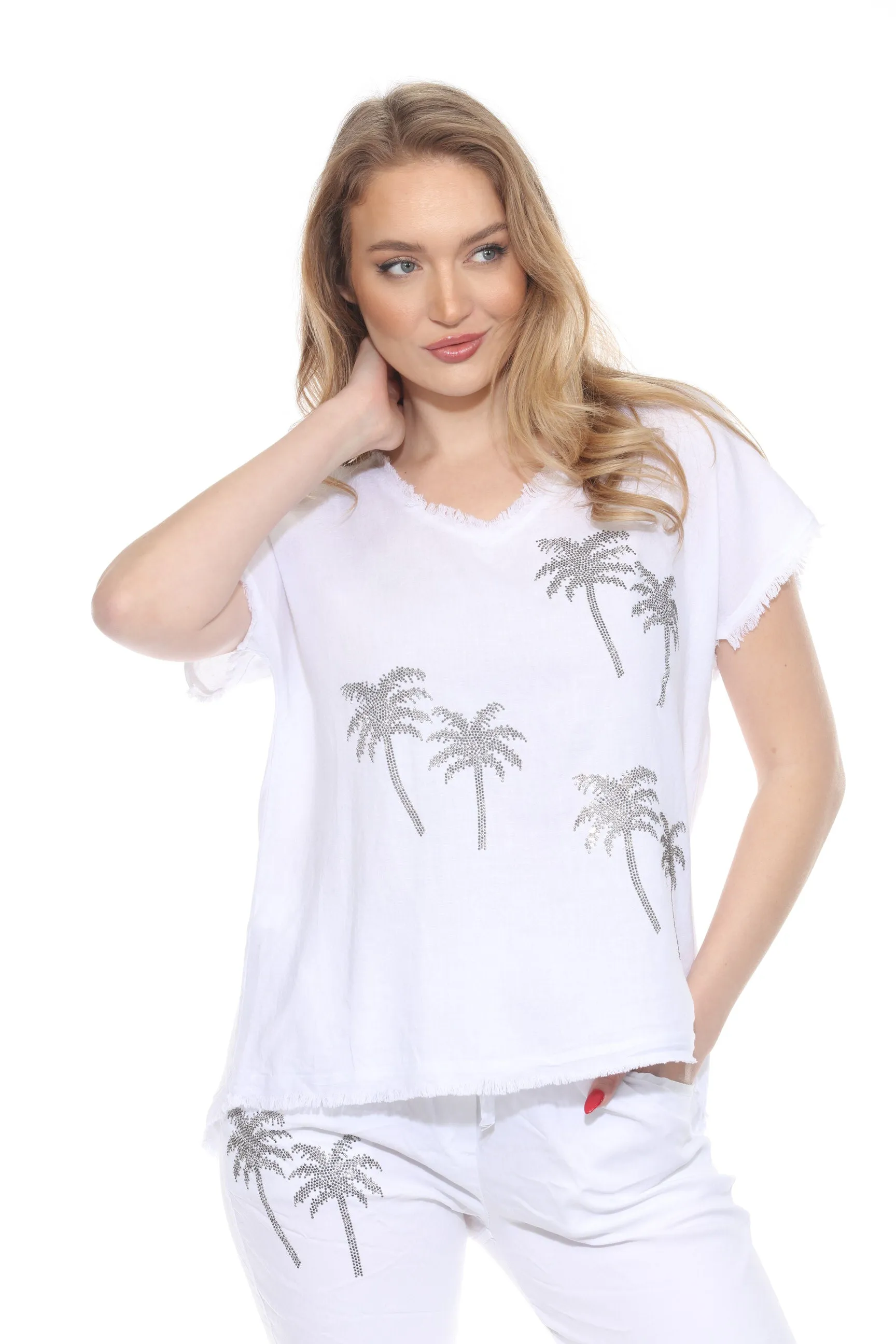 Sequin Palm Tree Ruffled Top